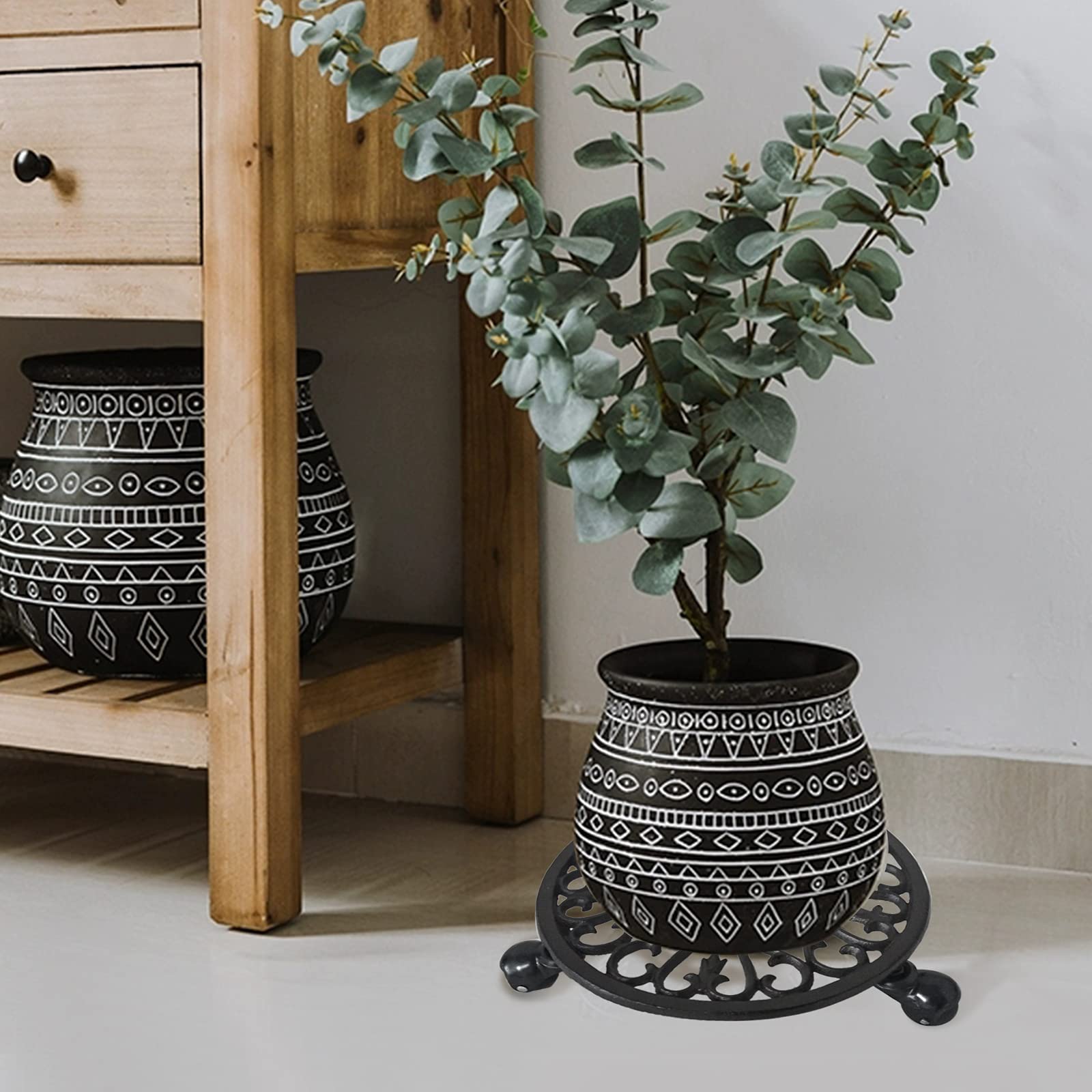 Fasmov Heavy Duty Rolling Plant Caddy with Cast Iron Stand & Wheels - Indoor Outdoor Planter Trolley for Moving Large Pots - Perfect for Patio, Garden, Balcony & Home Decor
