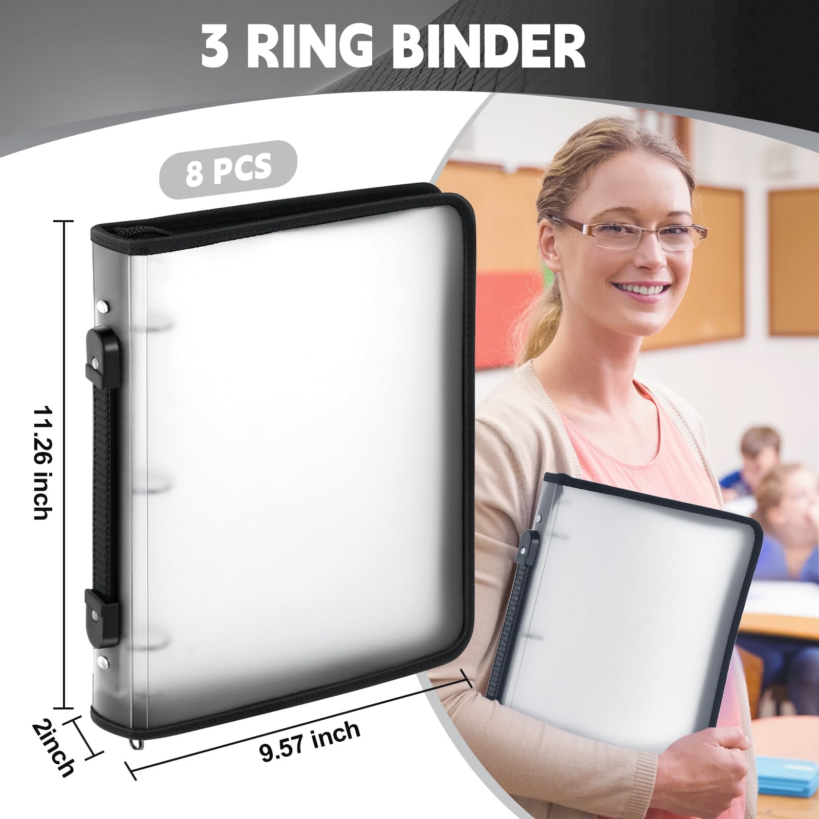 8-Pack 2 Inch White Zipper Binders with 3-Ring Cover - Refillable Plastic Clear File Organizer for School, Office & Home - Perfect for Projects, Assignments, Memos & Document Storage