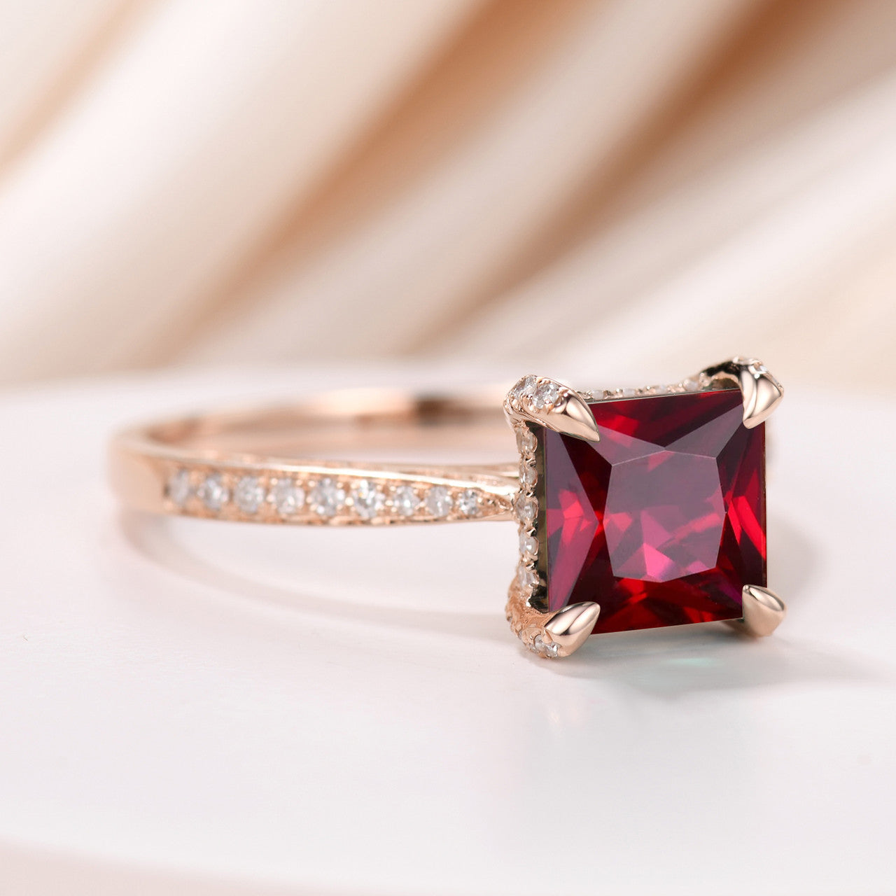 7mm Princess Cut Natural Garnet Engagement Ring - Tapered Pave Cathedral Setting, Solitaire Red Garnet Wedding Band | Perfect for Proposals, Anniversaries & Romantic Gifts