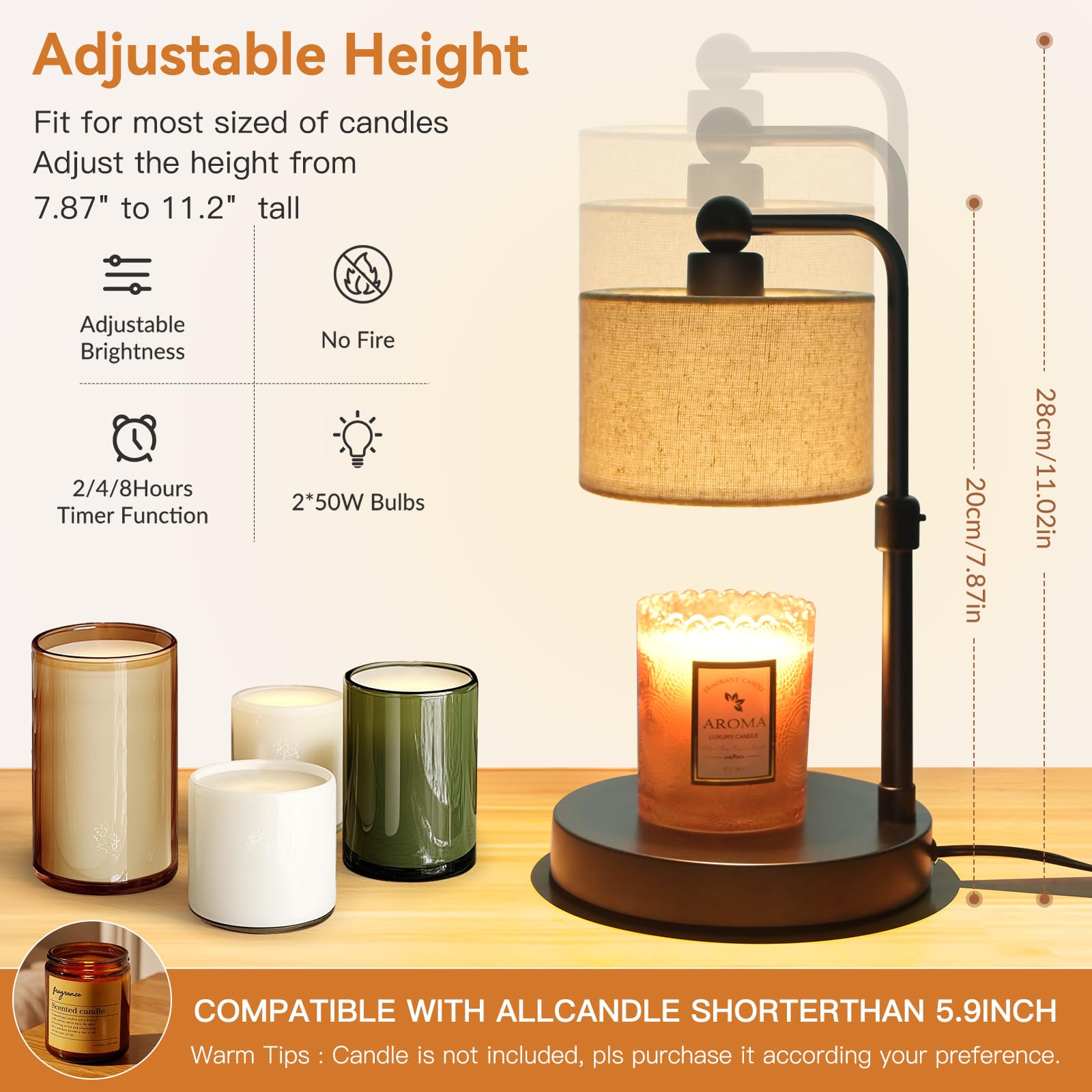 Adjustable Height Candle Warmer Lamp with Timer & 2 Bulbs - Home Decor for Bedroom, Living Room, Office - Perfect Housewarming, Mother's Day & Birthday Gift - Compatible with All Jar Candles, Wax Melts & Scentsy Warmers