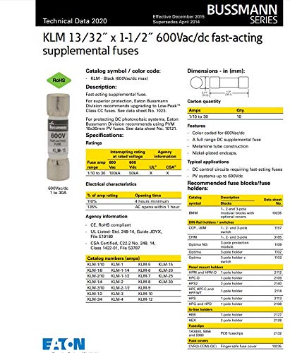 Eaton Bussmann KLM-3 Fast Acting Fuse - Limitron Series - Circuit Protection for Electronics, Appliances & Industrial Equipment - Perfect for Home, Office & Factory Use