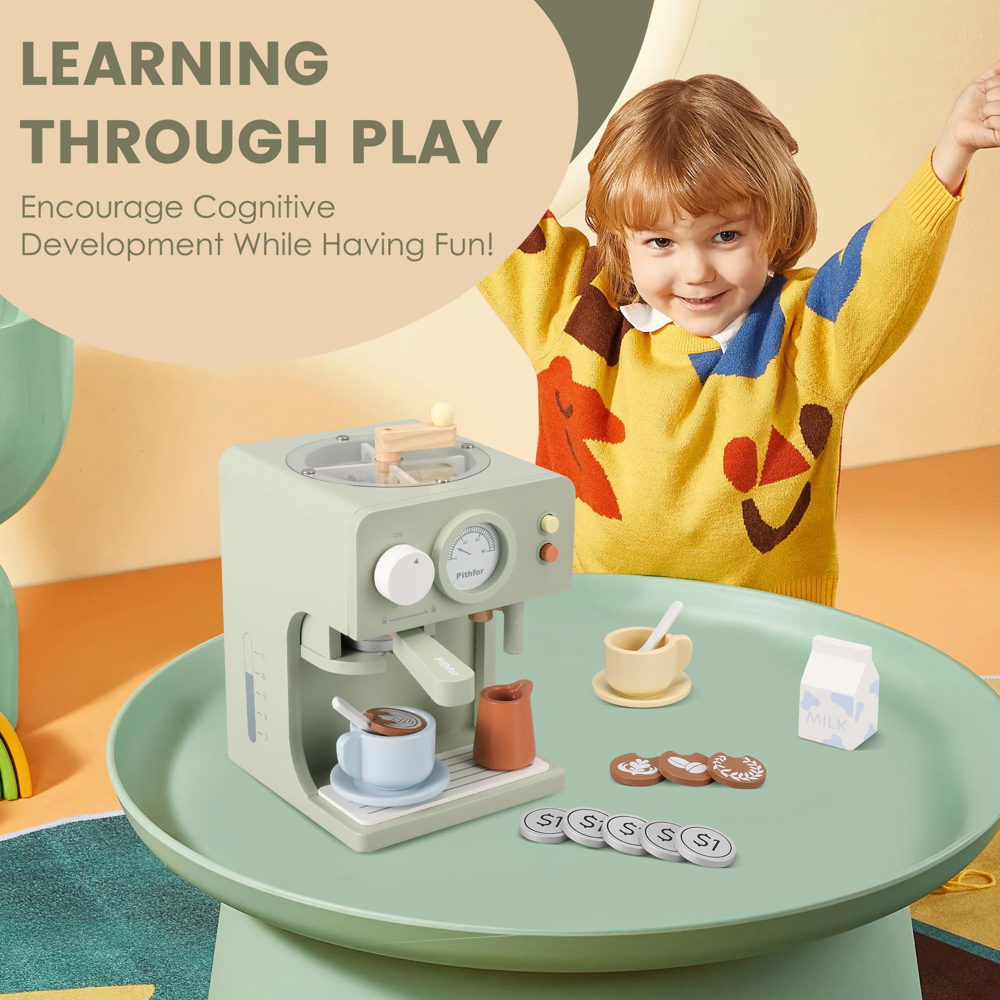 **Wooden Coffee Maker Toy for Kids with Grinder - Pretend Play Kitchen Set, Educational Toy Gift for Toddlers, Boys & Girls - Perfect for Role Play & Early Learning**