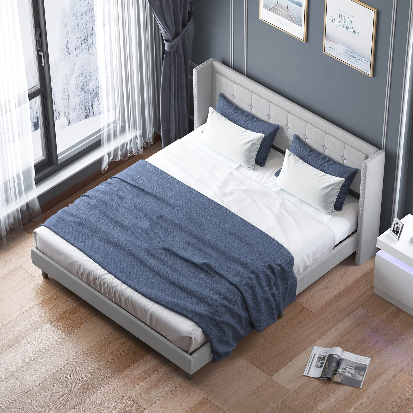 MJkone King Size Platform Bed Frame with Wingback Headboard - Modern Upholstered Bed with Tufted Buttons, No Box Spring Needed, Easy Assembly (King, Light Grey) - Perfect for Master Bedroom, Guest Room & Modern Home Decor