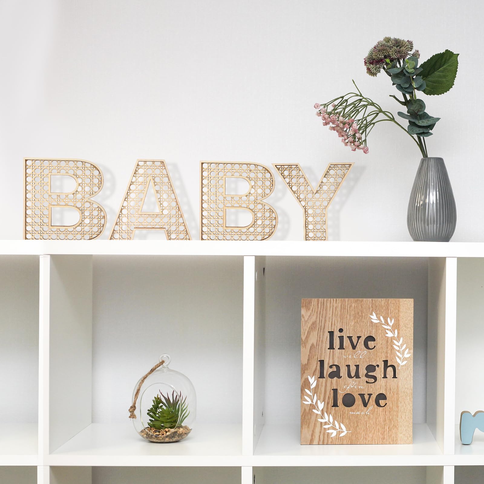 4 Pcs Wooden Baby Name Letters - 8 Inch Boho Nursery Wall Decor with Rattan & Wildflower Design - Perfect for Baby Shower, Newborn Gift, Birthday Present & Gender Neutral Nursery Room Decor