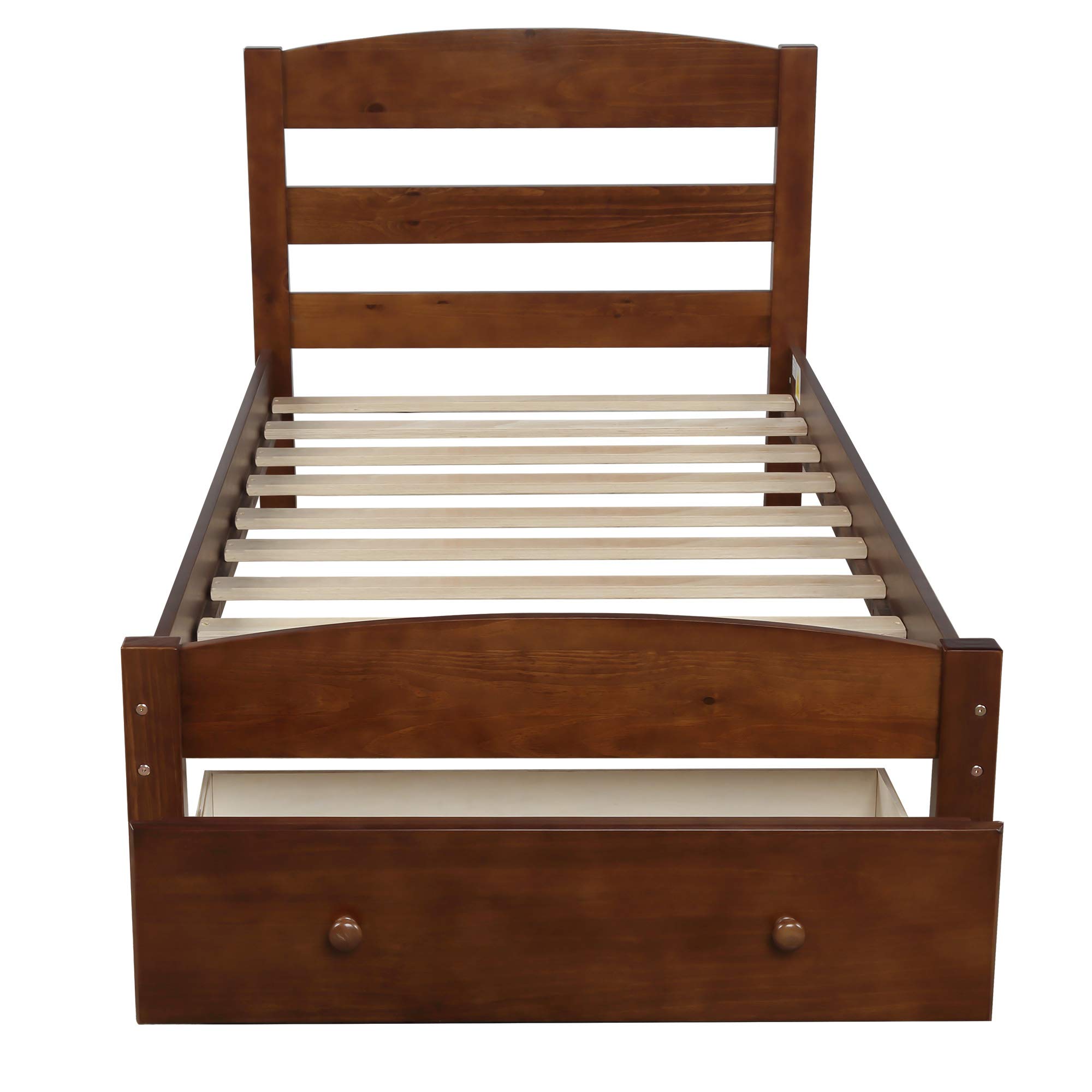 SOFTSEA Twin Size Wooden Platform Bed Frame with Storage Drawers, Headboard & Footboard - No Box Spring Needed - Walnut Finish for Bedroom, Guest Room, or Dorm