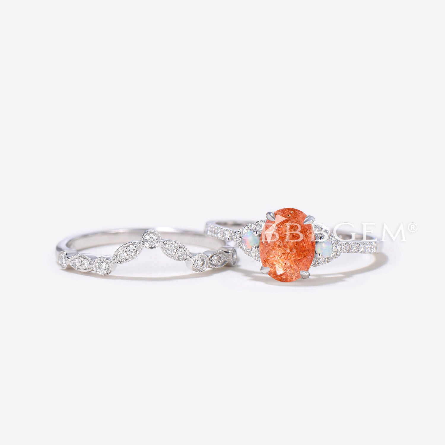Elegant Oval Sunstone Engagement Ring in 14K White Gold with Cluster Diamonds - Perfect for Weddings, Proposals & Anniversary Gifts