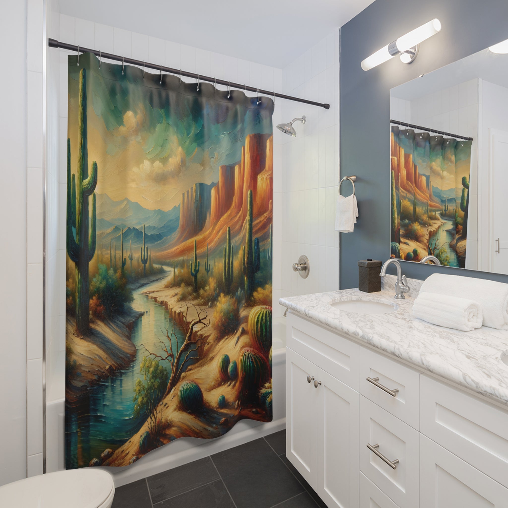 Scenic Mountain River Desert Painting Shower Curtain - Waterproof Polyester Bathroom Decor with Nature Landscape Art - Perfect for Southwest Style Homes & Wilderness Themed Bathrooms