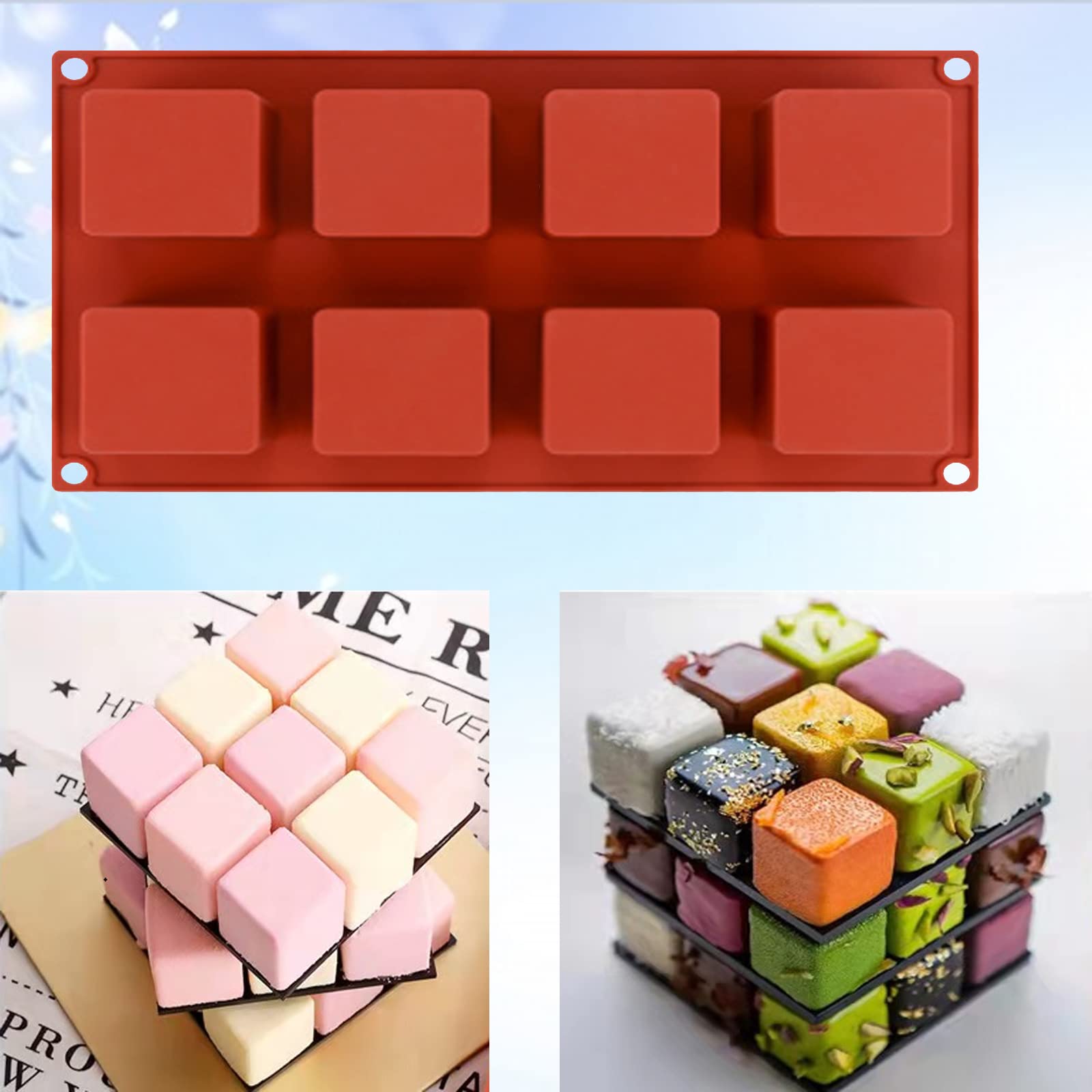 Premium Food Grade Silicone Baking Molds - 8 Square Chocolate & Cake Molds for Baking, Cupcakes, Candies & DIY Desserts - Reusable Non-Stick BPA Free Silicone Molds for Home & Professional Use