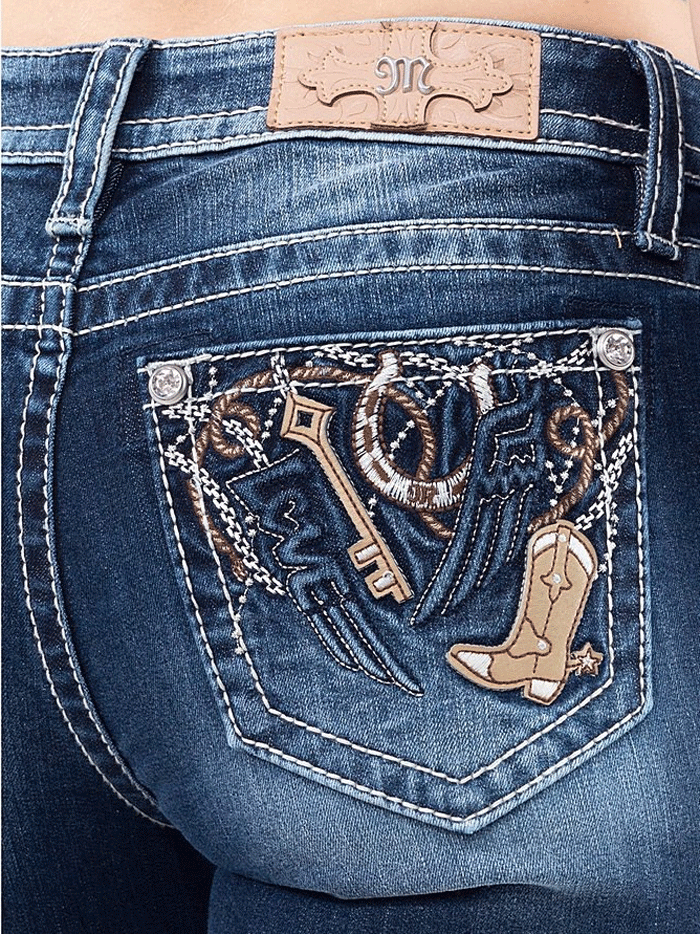 Miss Me M3937B Women's Mid Rise Bootcut Jeans - Dark Blue Denim Pants for Casual Wear & Everyday Outfits