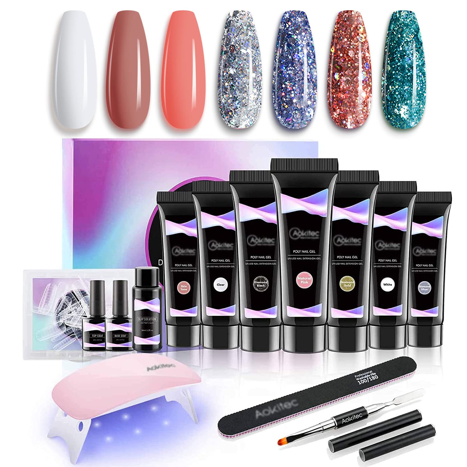 Aokitec 14Pcs Poly Nail Gel Kit - 7 Colors UV LED Nail Extension Set for Salon & Home DIY