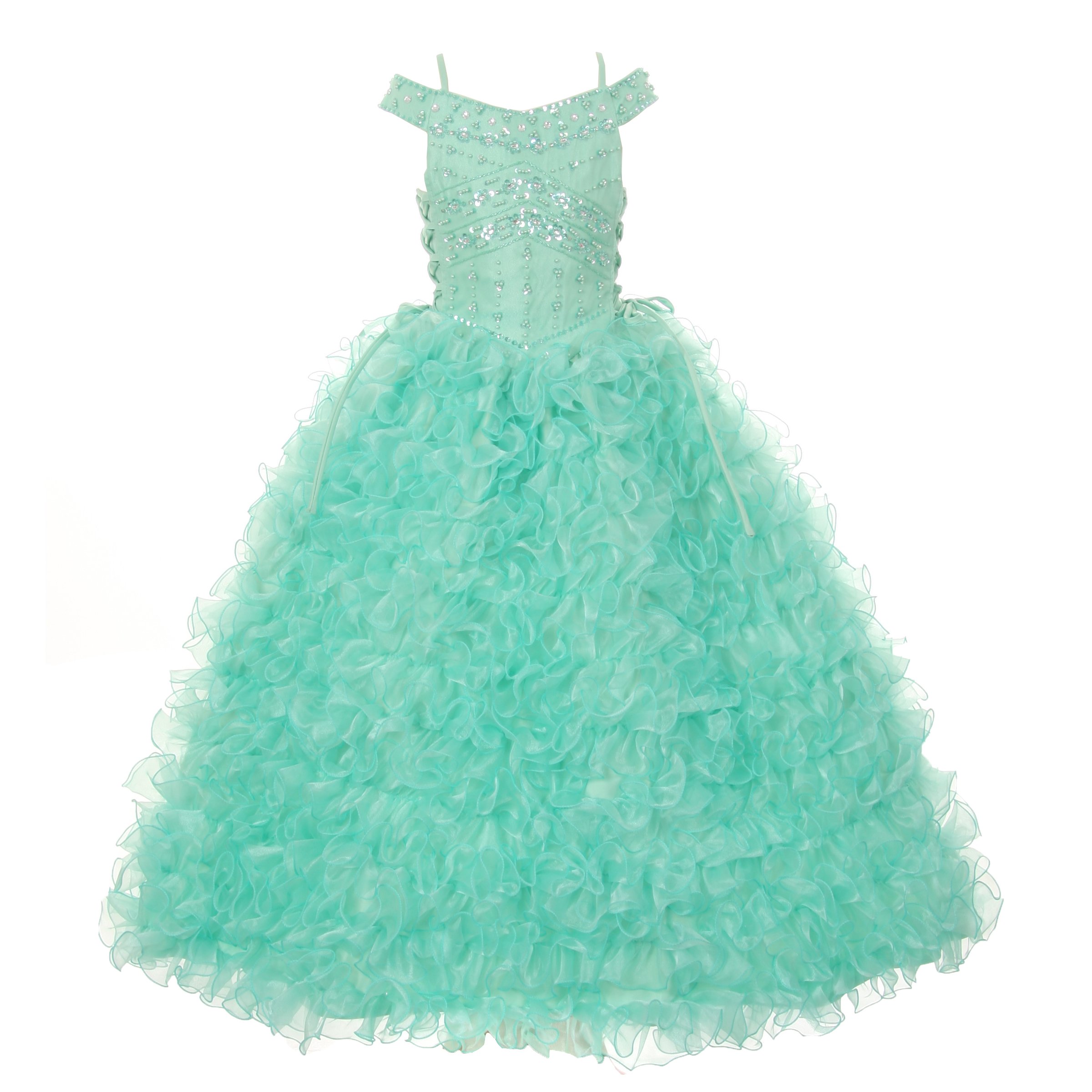 Mint Green Beaded Straps Ruffle Organza Pageant Dress for Little Girls - Size 6 | Flower Girl Dress, Birthday Party, Special Occasion Outfit
