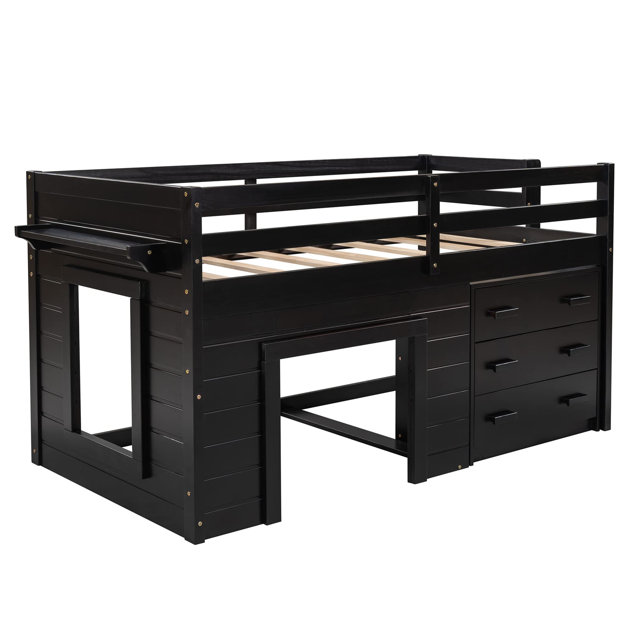 P PURLOVE Twin Loft Bed with Cabinet & Shelf - Sturdy Wood Loft Bed Frame, No Box Spring Required - Space-Saving Kids & Teens Bedroom Furniture for Small Rooms (Espresso Finish)