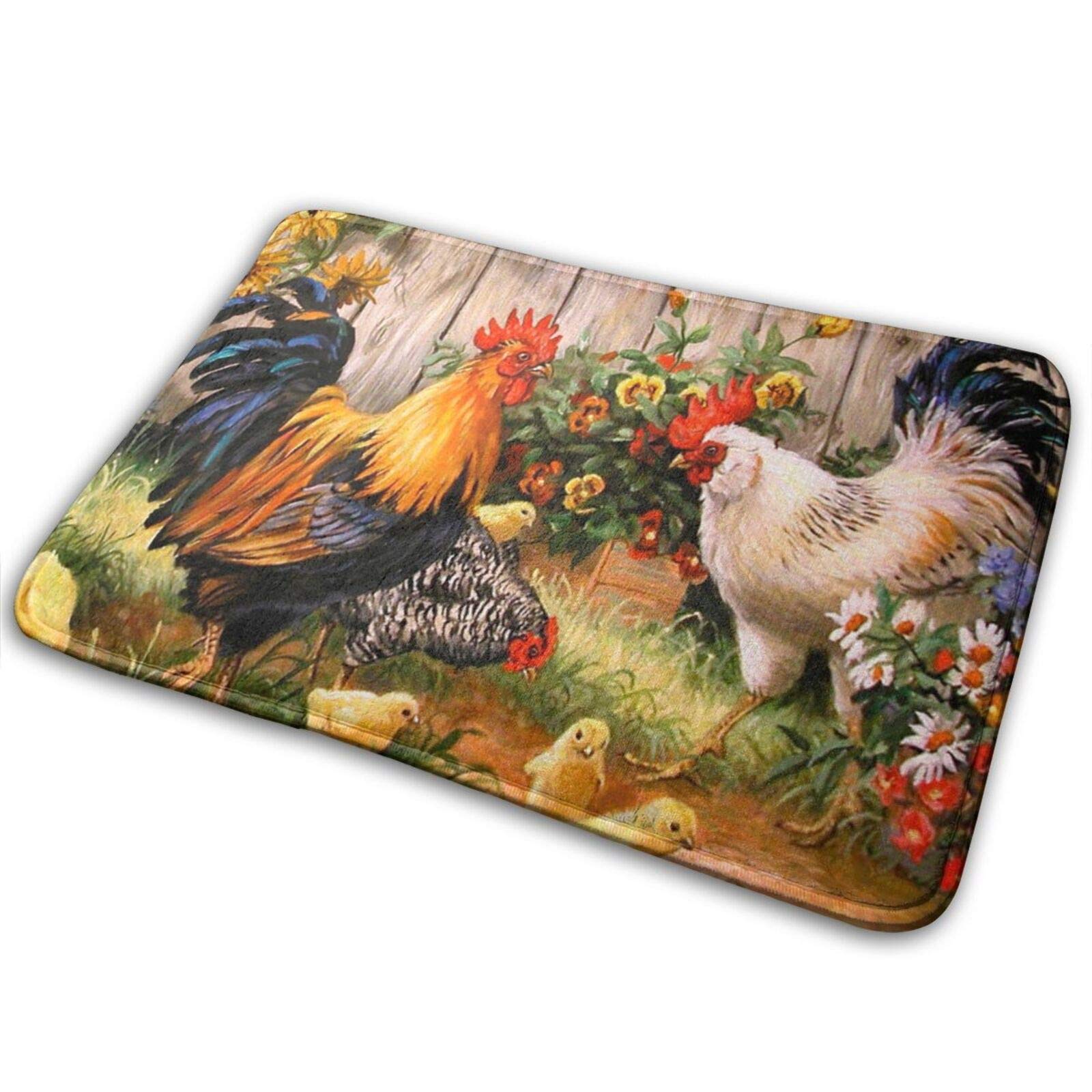 Non-Slip Memory Foam Bath Mat with Chicken Rooster Garden Floral Design - Super Absorbent, Quick Dry Bathroom Rug for Shower, Tub & Kitchen Decor (24x16 Inches) - Perfect for Farmhouse, Vintage & Country Style Home Decor