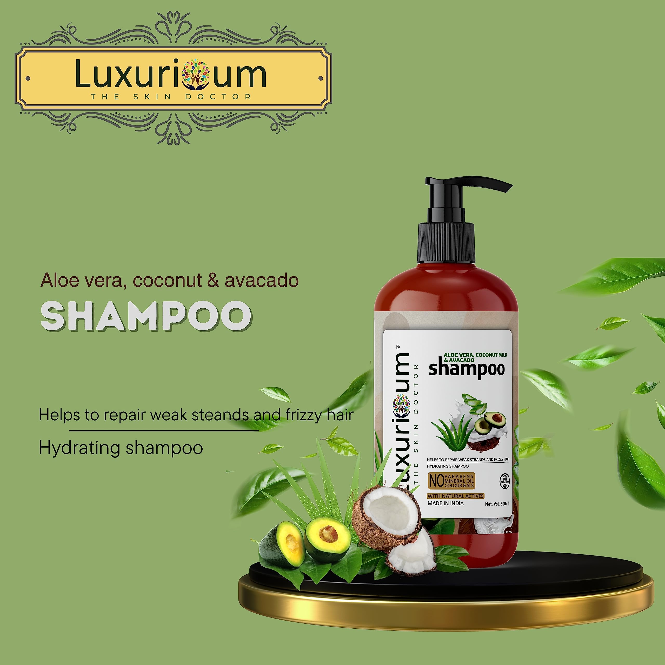 LUXURIOUM Aloe Vera, Coconut Milk & Avocado Shampoo for Curly, Wavy, Frizzy Hair - Intense Moisturizing Shampoo with Vitamin E, 300ml - 24H Hydration, Nourishes & Strengthens Hair - Perfect for Dry, Damaged Hair Care & Daily Hydration