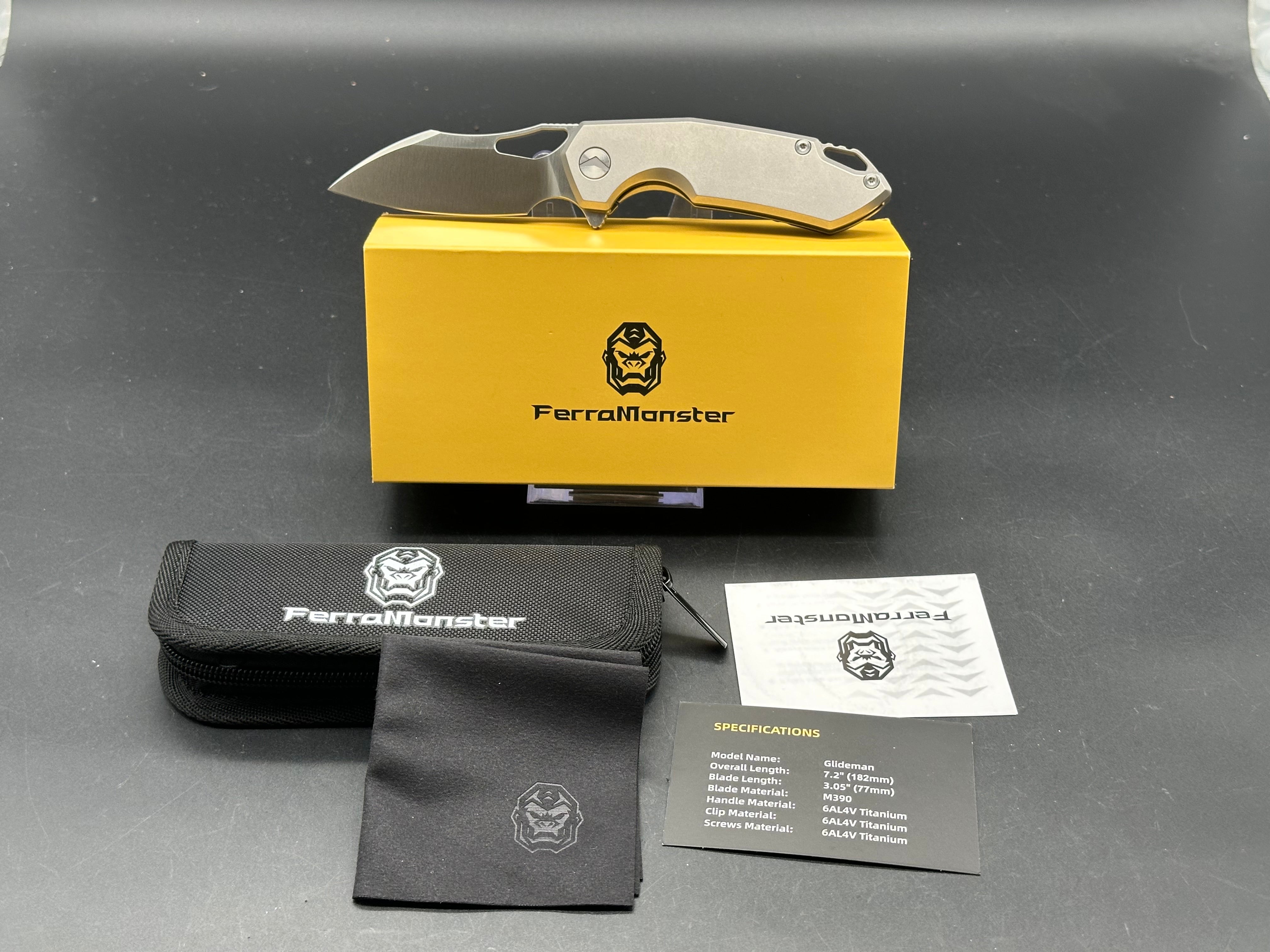 Ferramonster Glideman Titanium Handle with M390 Blade - Premium Folding Knife for EDC, Outdoor Adventures & Survival Gear