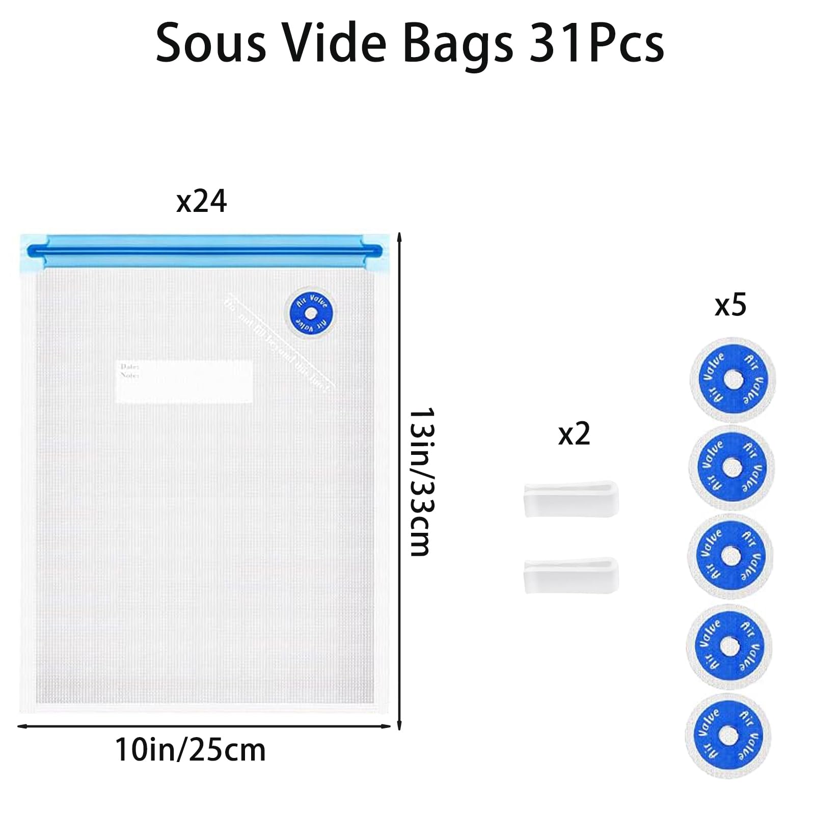 **31 Pcs Reusable BPA-Free Sous Vide Bags - 24 Vacuum Zipper Bags, 2 Seal Clips & 5 Air Valves (13x10 in) | Food Storage, Cooking, Microwave Safe | Perfect for Meal Prep, Sous Vide Cooking & Freezer Storage**
