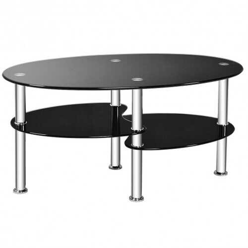 Black Tempered Glass Oval Side Coffee Table - Modern Living Room Furniture for Small Spaces, Dorm, Apartment & Office Decor