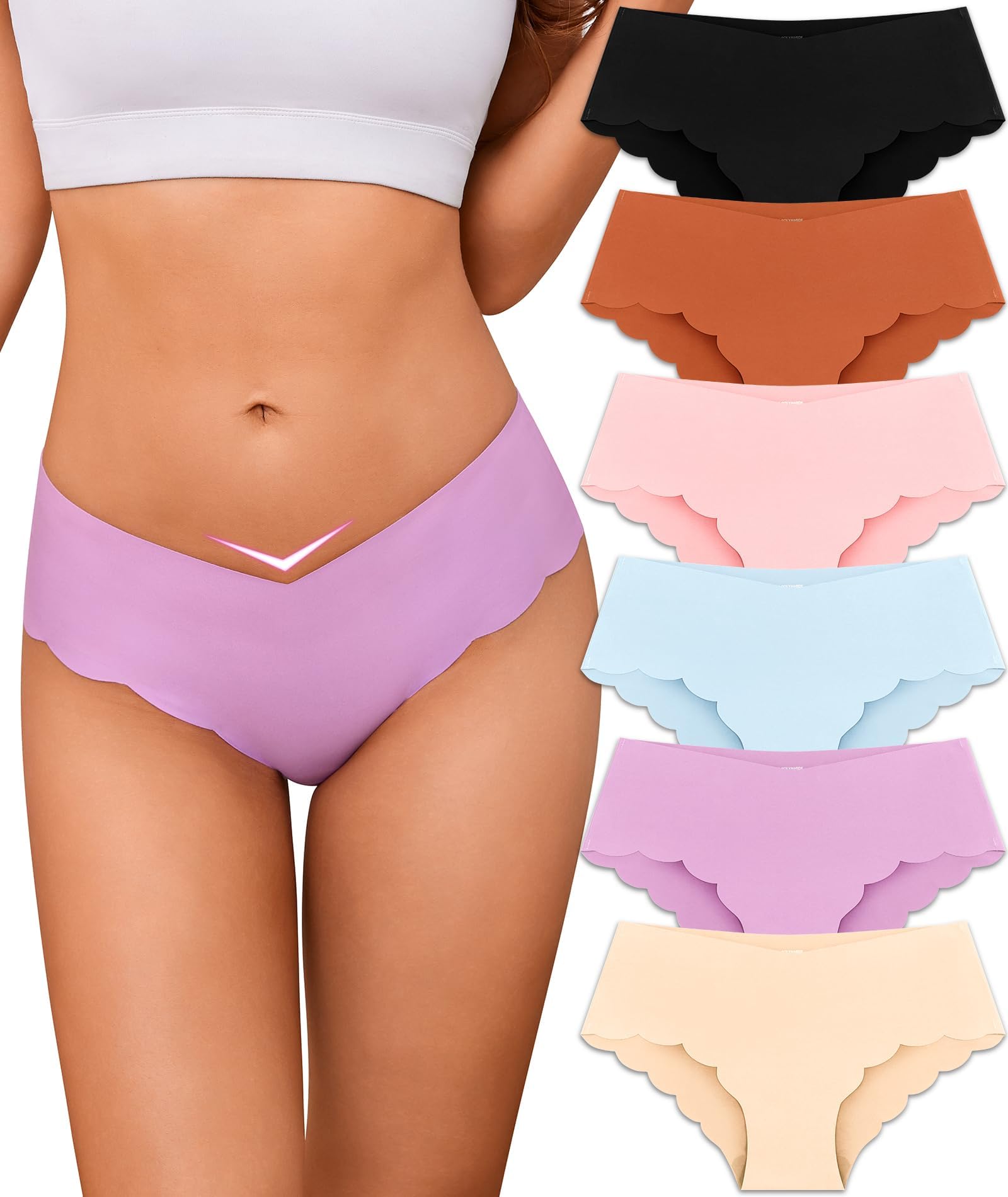 No Show Cheeky Panties for Women - 6 Pack Sexy V-Cut Bikini Underwear (S-XL) | Comfortable Invisible Underwear for Everyday Wear, Yoga & Workouts