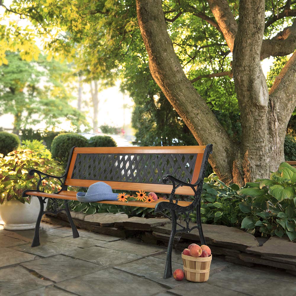 49-Inch Outdoor Garden Bench - Natural Hardwood Patio Park Bench with Bronze Cast Iron Frame & Weave Pattern - Rustic Elegant Porch, Deck & Backyard Seating for Relaxing & Outdoor Decor