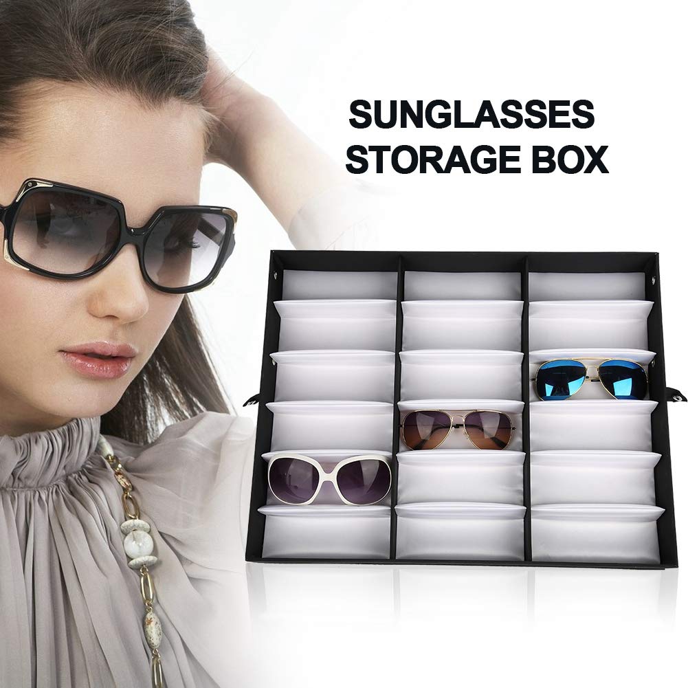Joyzan 18-Slot Polyester Silk Lining Sunglasses Display Case - Dustproof Jewelry & Eyeglasses Storage Organizer Box for Men & Women - Perfect for Closet, Bedroom, Entryway, Retail Store Display