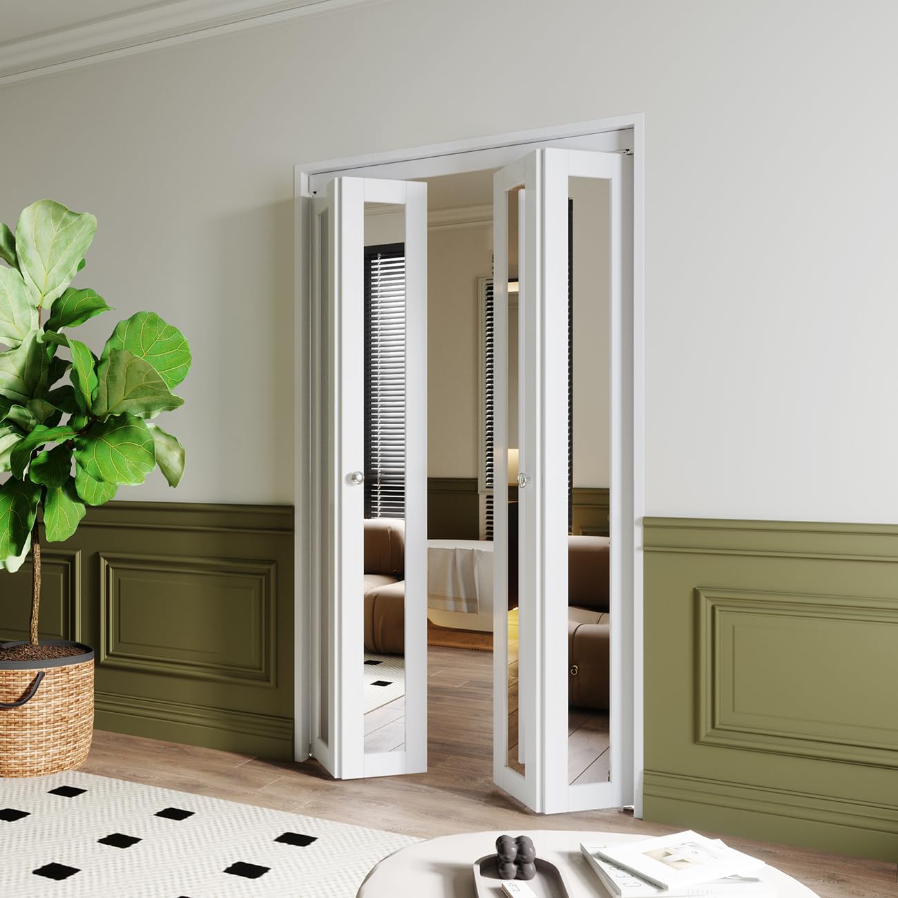 Barner Home 24x80 Inch White MDF Bi-Fold Closet Doors with Mirror & Hardware Kit - Space Saving Folding Doors for Bedroom, Walk-In Closet & Home Organization
