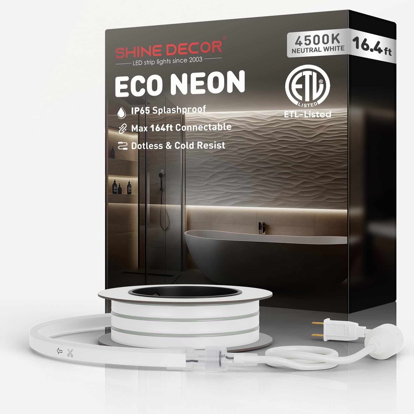 Shine Decor LED Rope Lights AC 120V - Connectable & Cuttable Dotless 120LEDs/M Eco Neon Strip Lighting - ETL Certified IP65 Waterproof & Weather-Resistant - 16.4FT (5M) 4500K Neutral White - Perfect for Home, Commercial, and Outdoor Decor - Indoor & Outdoor Use for Parties, Weddings, and Holiday Lighting