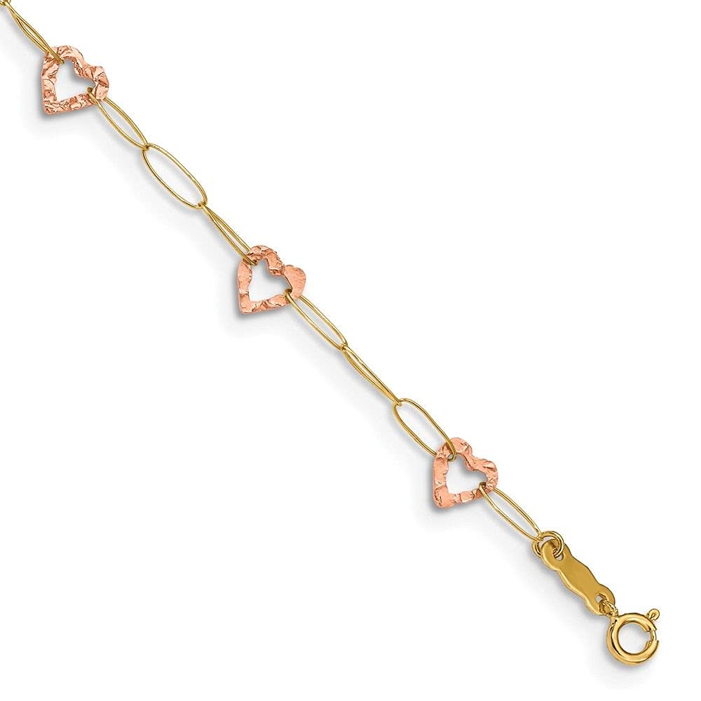 14K Two-Tone Adjustable Heart Anklet Bracelet - 9in + 1in Extension - Perfect for Women's Fashion, Beach Wear & Romantic Gifts