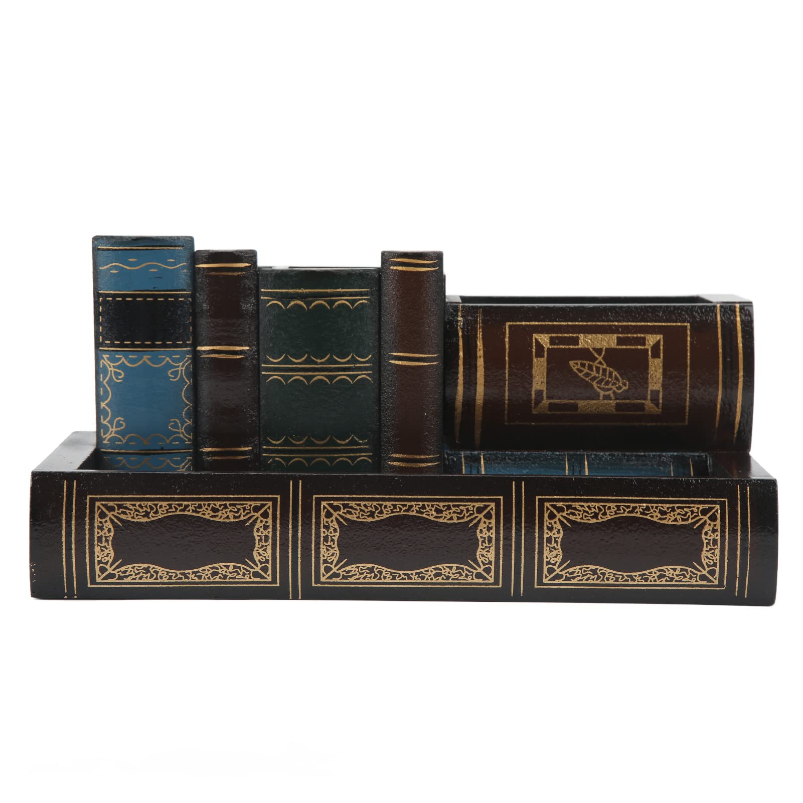Vintage Book-Shaped Pen Holder with 4 Compartments - Desktop Organizer for Pens, Remote Controls & Office Supplies | Home Office Decor & Workspace Storage Solution
