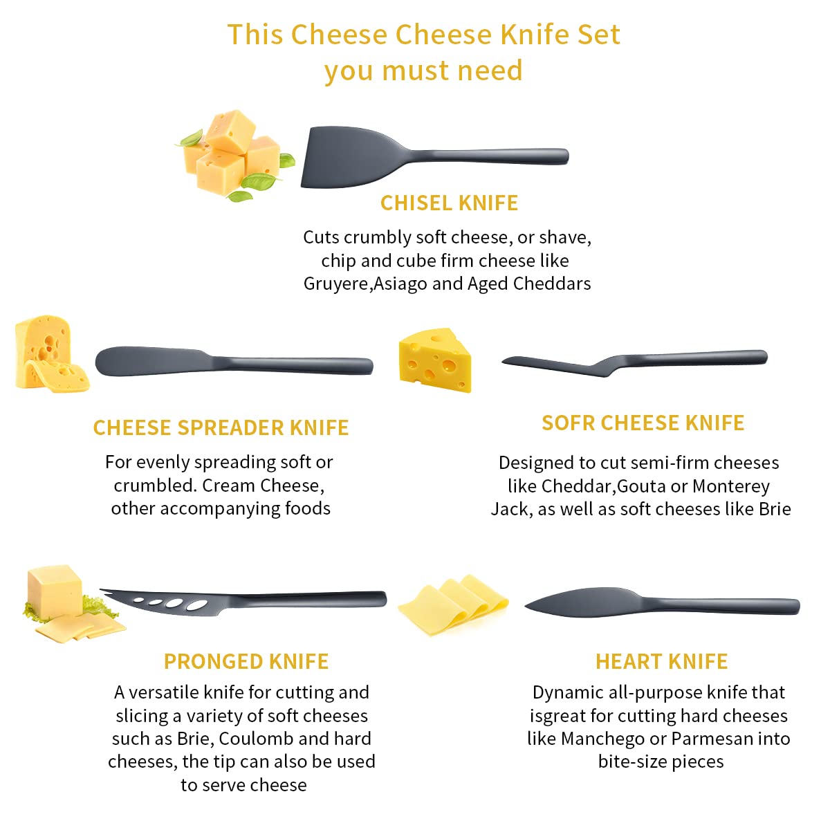 Premium 5-Piece Black Titanium Cheese Knife Set - Ergonomic Design for Comfortable Grip, Perfect for Hard & Soft Cheeses, Butter Spreader - Ideal for Charcuterie Boards, Wine Pairings & Dinner Parties