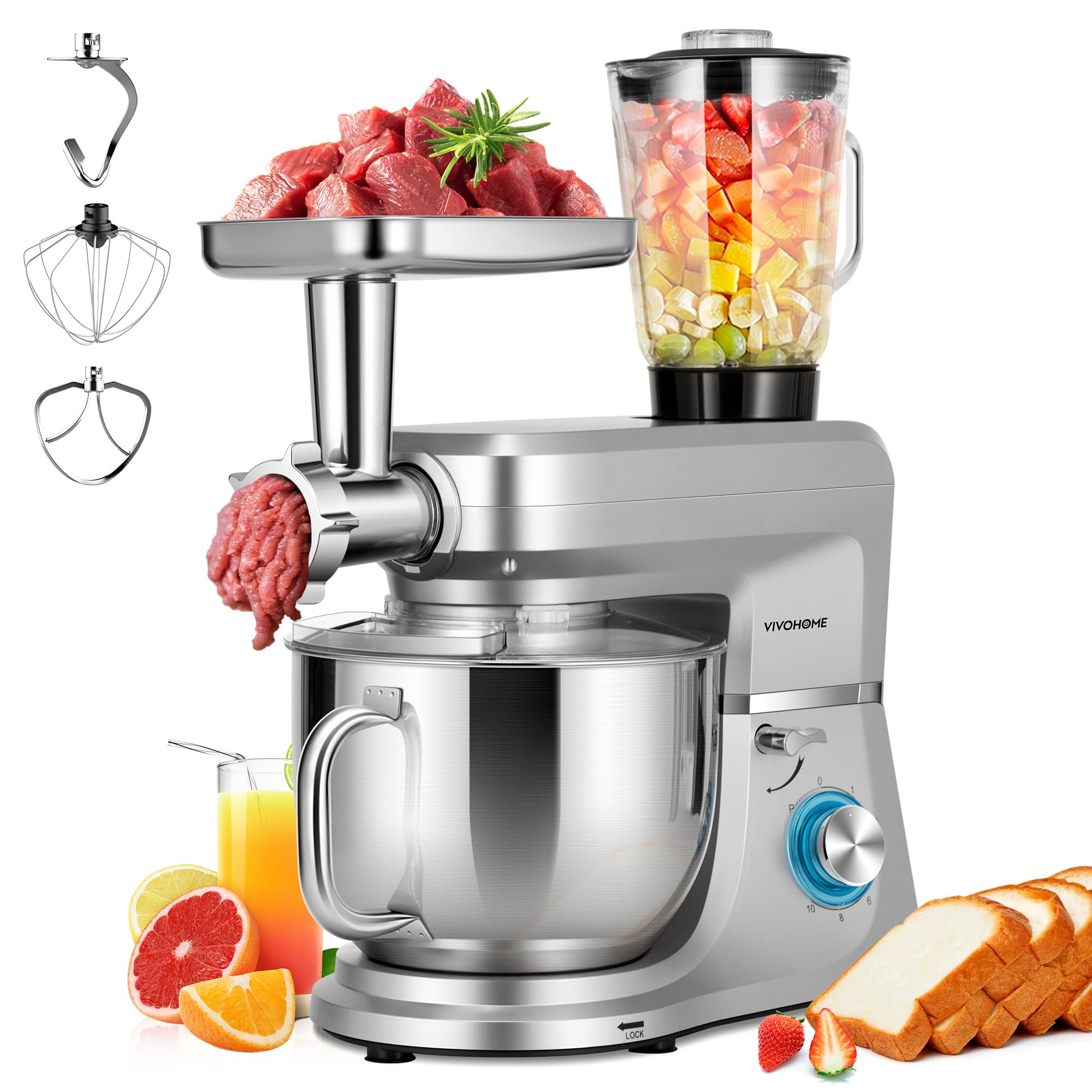 VIVOHOME 6-in-1 Multifunctional Stand Mixer with 8.5 Quart Stainless Steel Bowl, 660W 10-Speed Tilt-Head Meat Grinder, Juice Blender, Vegetable Slicer, Pasta & Cookie Maker - Perfect for Baking, Cooking & Meal Prep in Home Kitchen (Silver)
