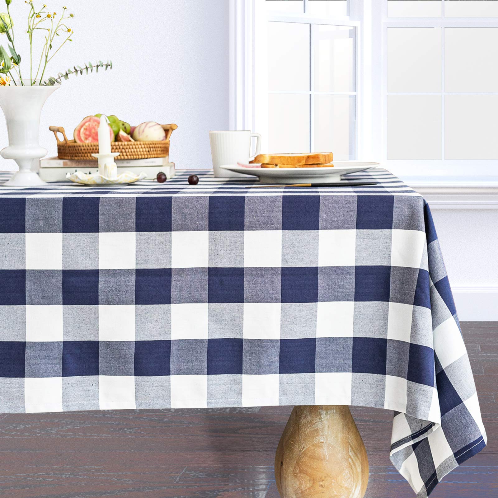 Premium Cotton Linen Round Checkered Tablecloth - Stain Resistant, Wrinkle Free, Fade Proof Kitchen Table Cover - Navy Blue 55 Inch Round - Perfect for Dining Room Decor, Outdoor Picnics & Party Table Settings