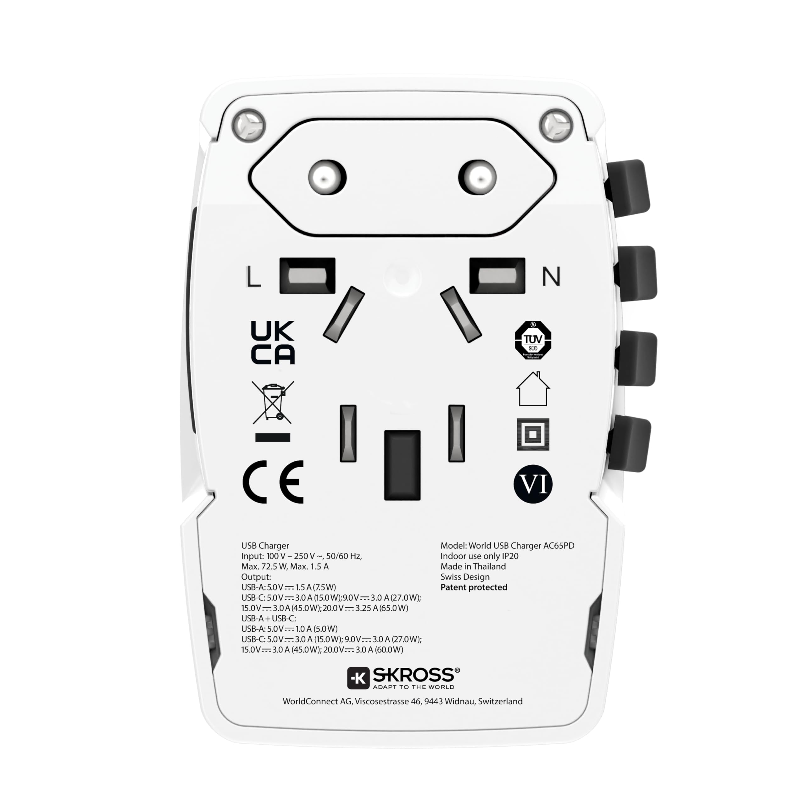 Skross 1302333 World AC65PD Travel Charger - Universal USB-C & USB-A Fast Charging Adapter for iPhone, Samsung, Laptop - Perfect for International Business Trips & Vacations