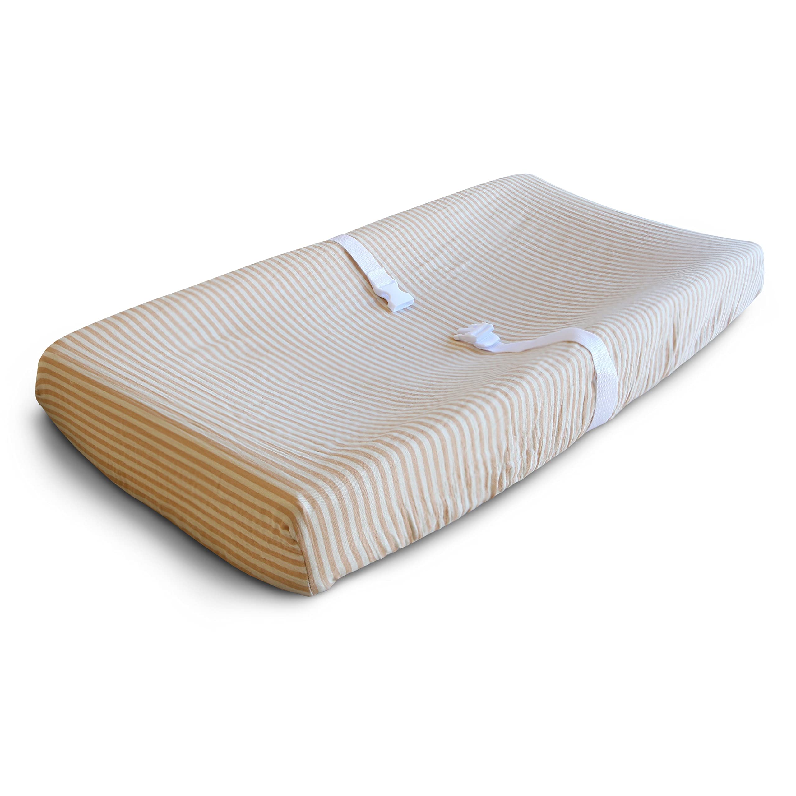 Mushie Ultra Soft Muslin Fitted Changing Pad Cover - Natural Stripe | Organic Cotton Baby Changing Mat Cover for Nursery & Diaper Station | Perfect for Newborns & Toddlers