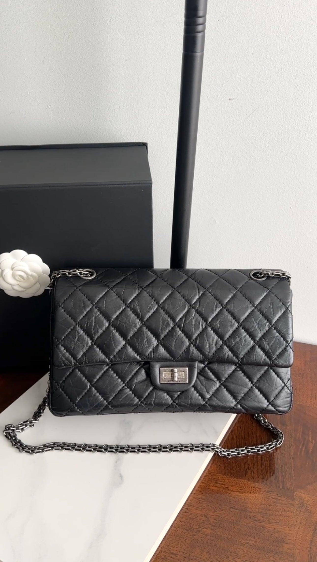 Chanel Black Aged Calfskin Reissue 2.55 227 Ruthenium Classic Flap Bag - Luxury Designer Handbag for Women, Perfect for Evening Events & Special Occasions