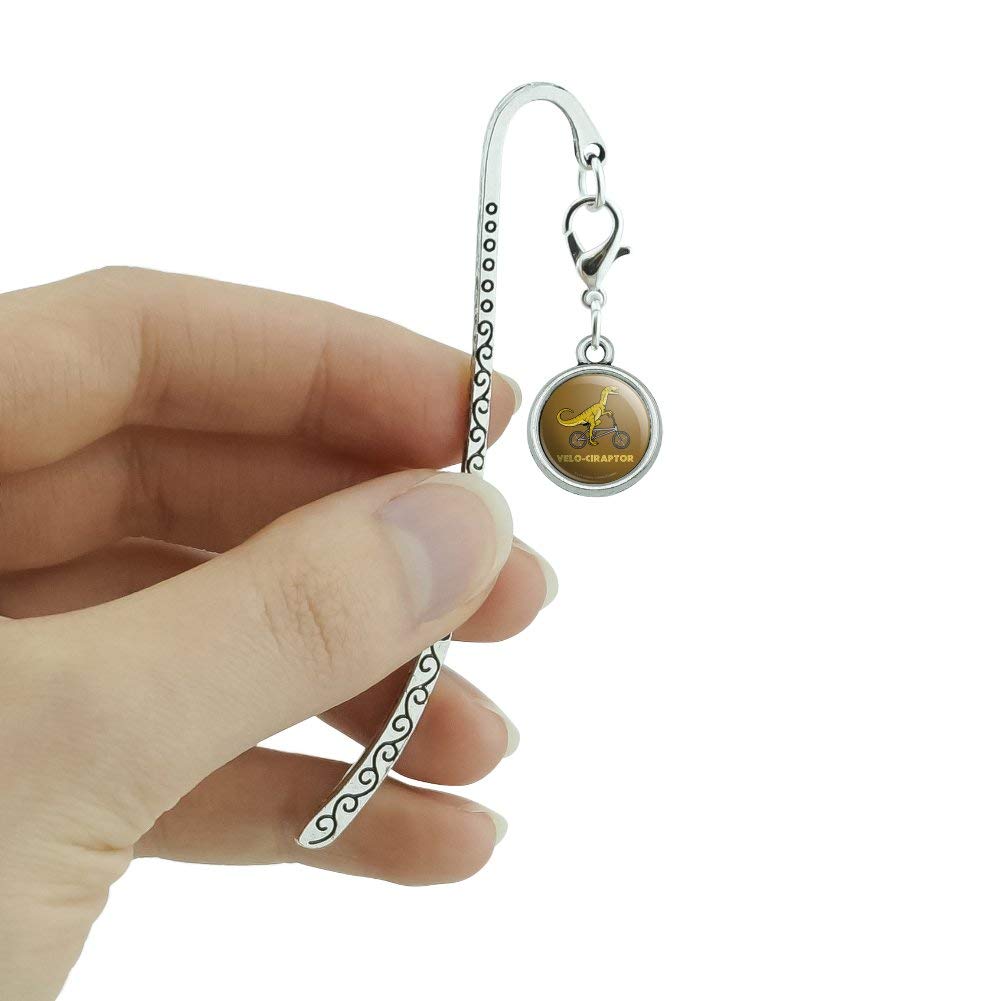 Funny Velociraptor Bike Riding Metal Bookmark - Dinosaur Themed Page Marker with Charm - Perfect Gift for Book Lovers & Cycling Enthusiasts