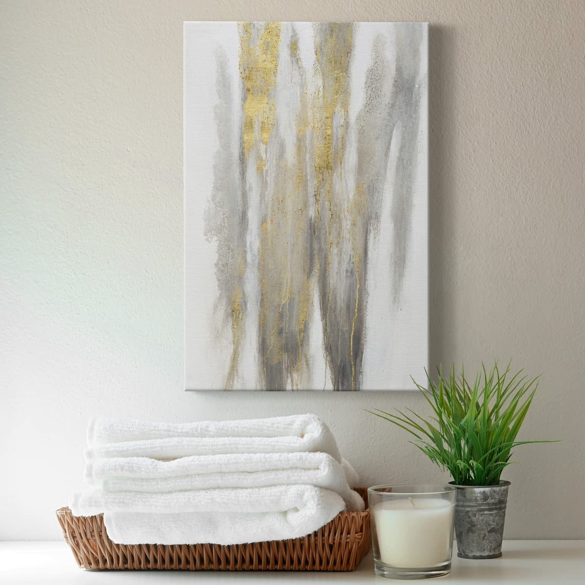 Modern Gold & White Abstract Canvas Wall Art - 32x48 Inch Bathroom & Living Room Decor - Home & Office Wall Decor for Contemporary Spaces
