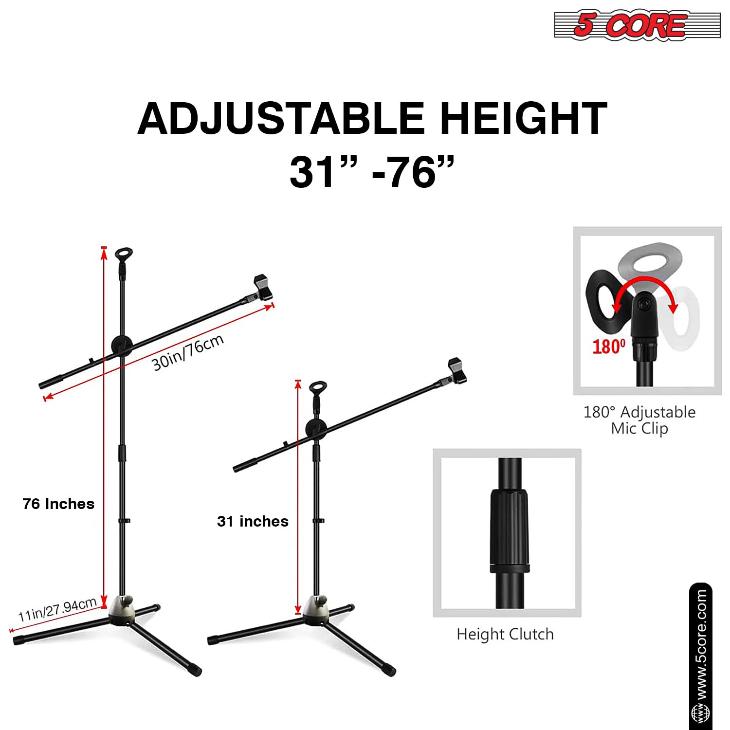 5 Core Heavy Duty Adjustable Tripod Mic Stand (31-76 Inches) with 360° Rotating Boom Arm & Dual Mic Holder - Perfect for Podcasting, Live Streaming & Studio Recording