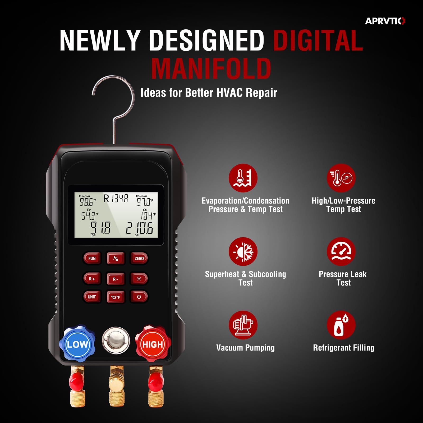 AMF-300 Digital HVAC Manifold Gauge Set with 3000psi Hoses & Dual Temperature Clamps - Professional Refrigerant Gauges for R134a R22 R12 R502 - Automotive AC Repair & HVAC System Maintenance Tool Kit