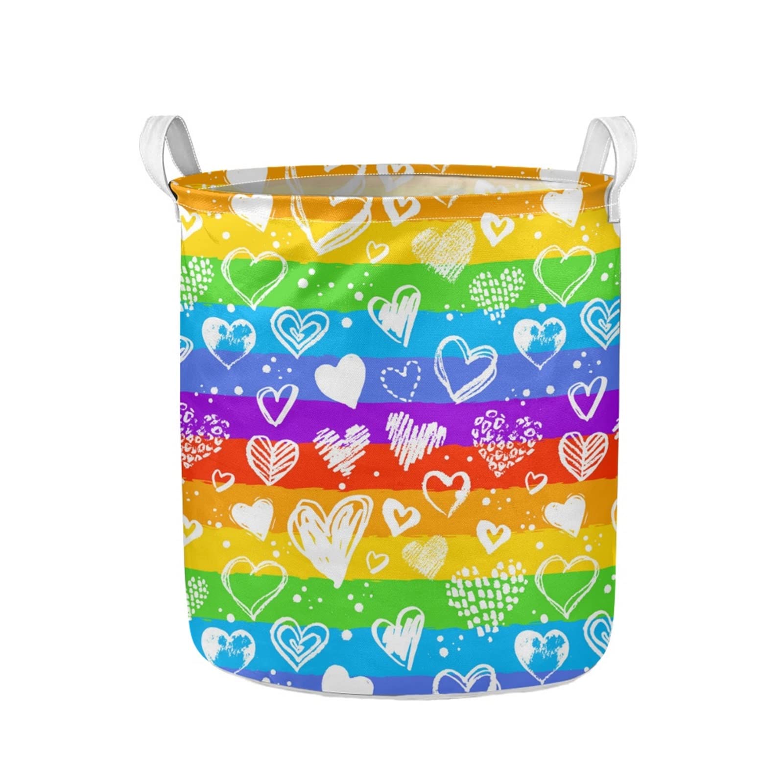 Bulopur Rainbow Stripes Dirty Clothes Storage Basket - Large White Heart Canvas Collapsible Laundry Hamper Organizer for Home, Office & Nursery | Perfect for Toys, Laundry & Clutter Organization
