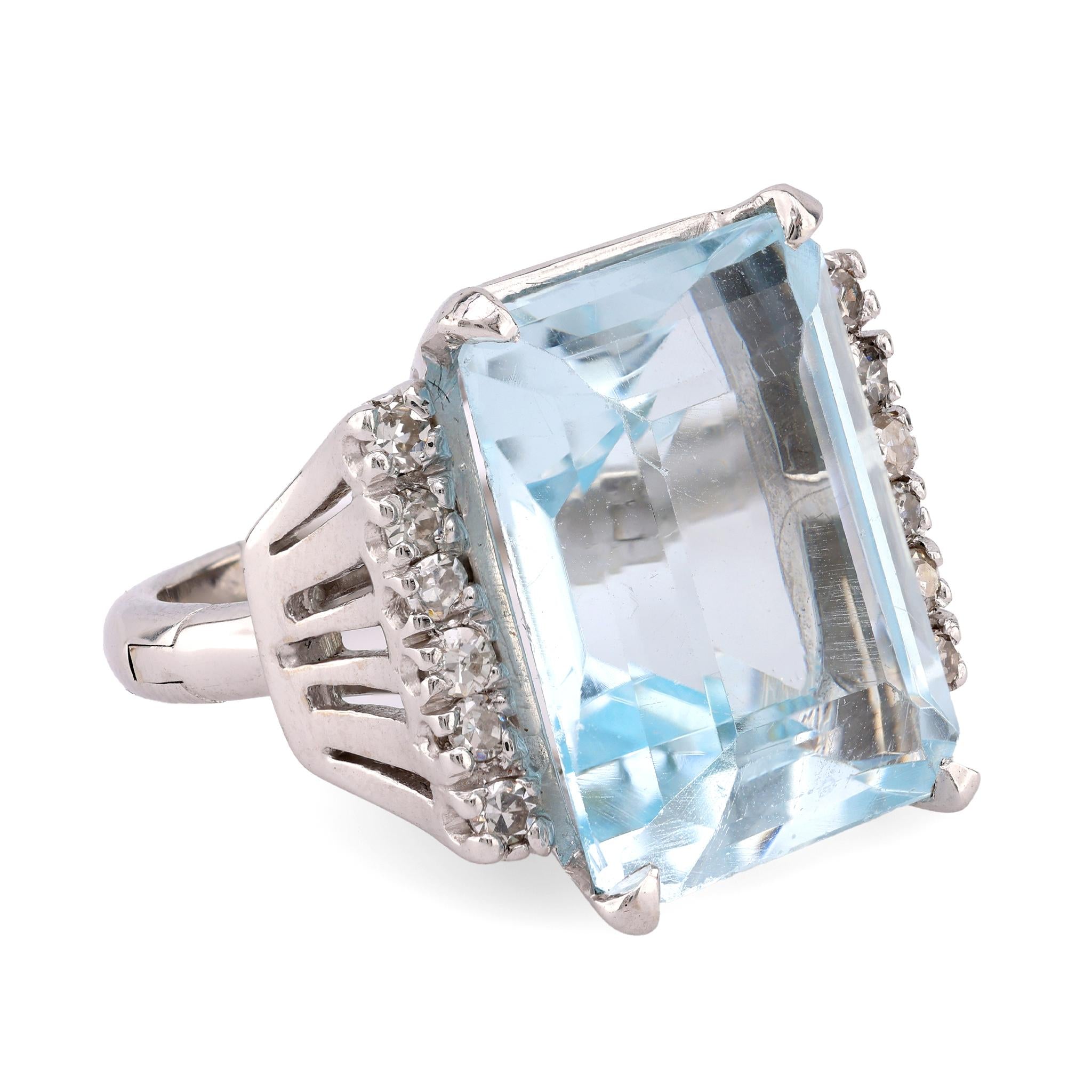 Vintage 15.3 Carat Aquamarine Diamond 14K White Gold Cocktail Ring for Women - Elegant Statement Jewelry for Weddings, Parties & Special Occasions