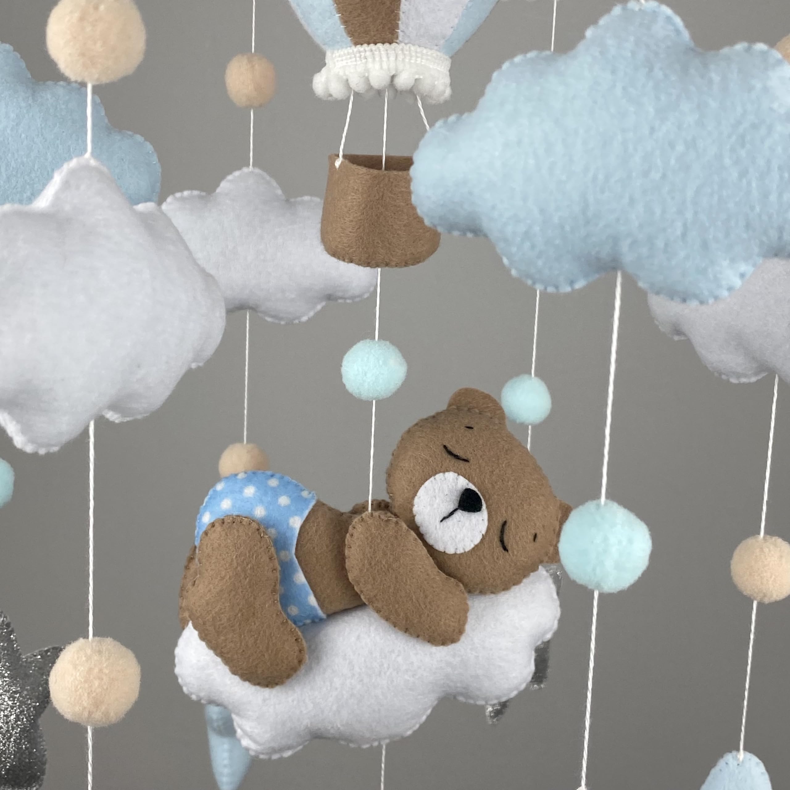 Teddy Bear Crib Mobile for Baby Boys - Blue Hot Air Balloon Nursery Decor, Felt Hanging Mobile for Newborns - Perfect Baby Shower Gift & Nursery Decoration for Expecting Moms