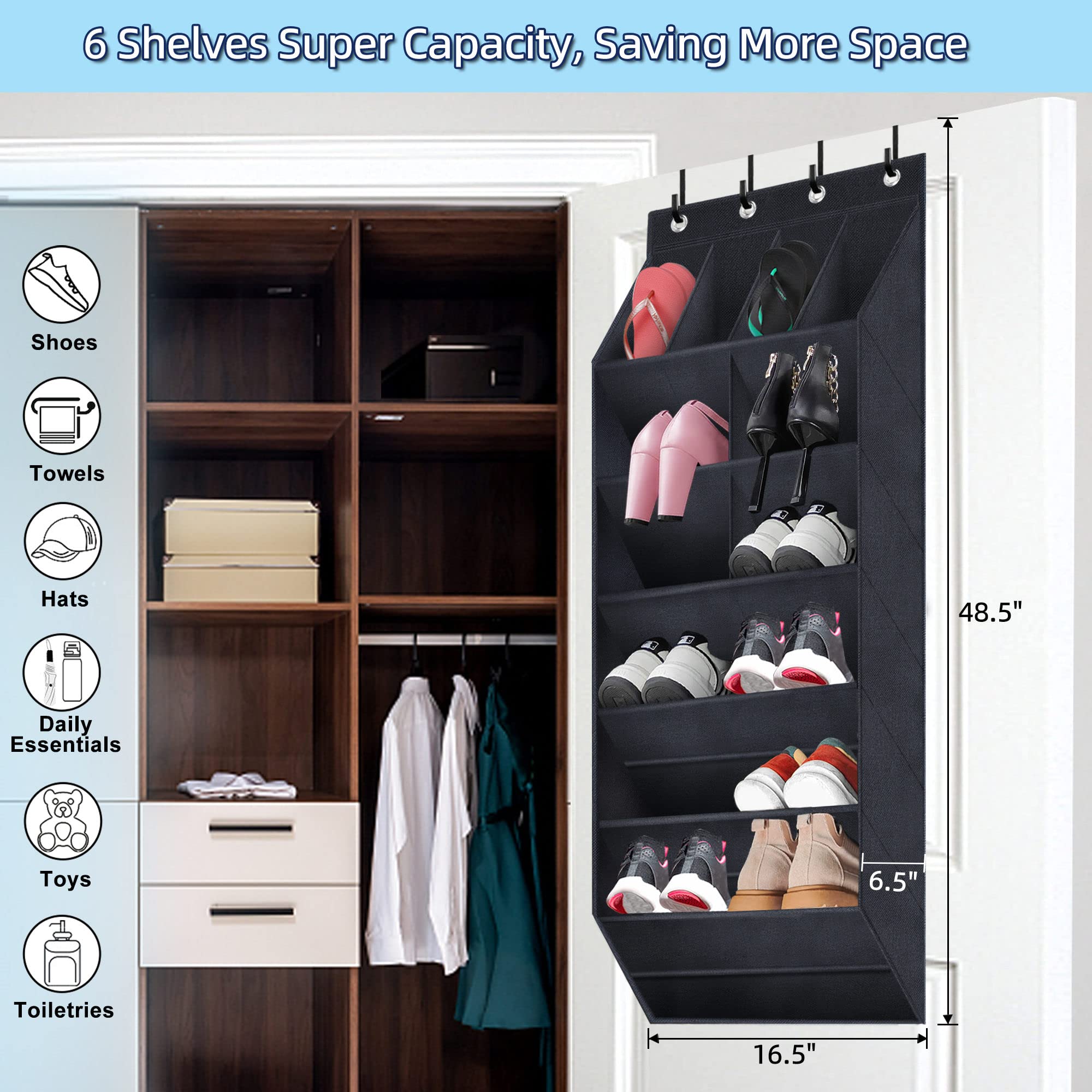 Over The Door Shoe Organizer - 2 Pack Hanging Shoe Rack with Large Deep Pockets for Closet, Dorm & Narrow Doors | Space Saving Black Shoe Holder for Sneakers, Boots & Sandals | Perfect for Bedroom, Entryway & Small Spaces