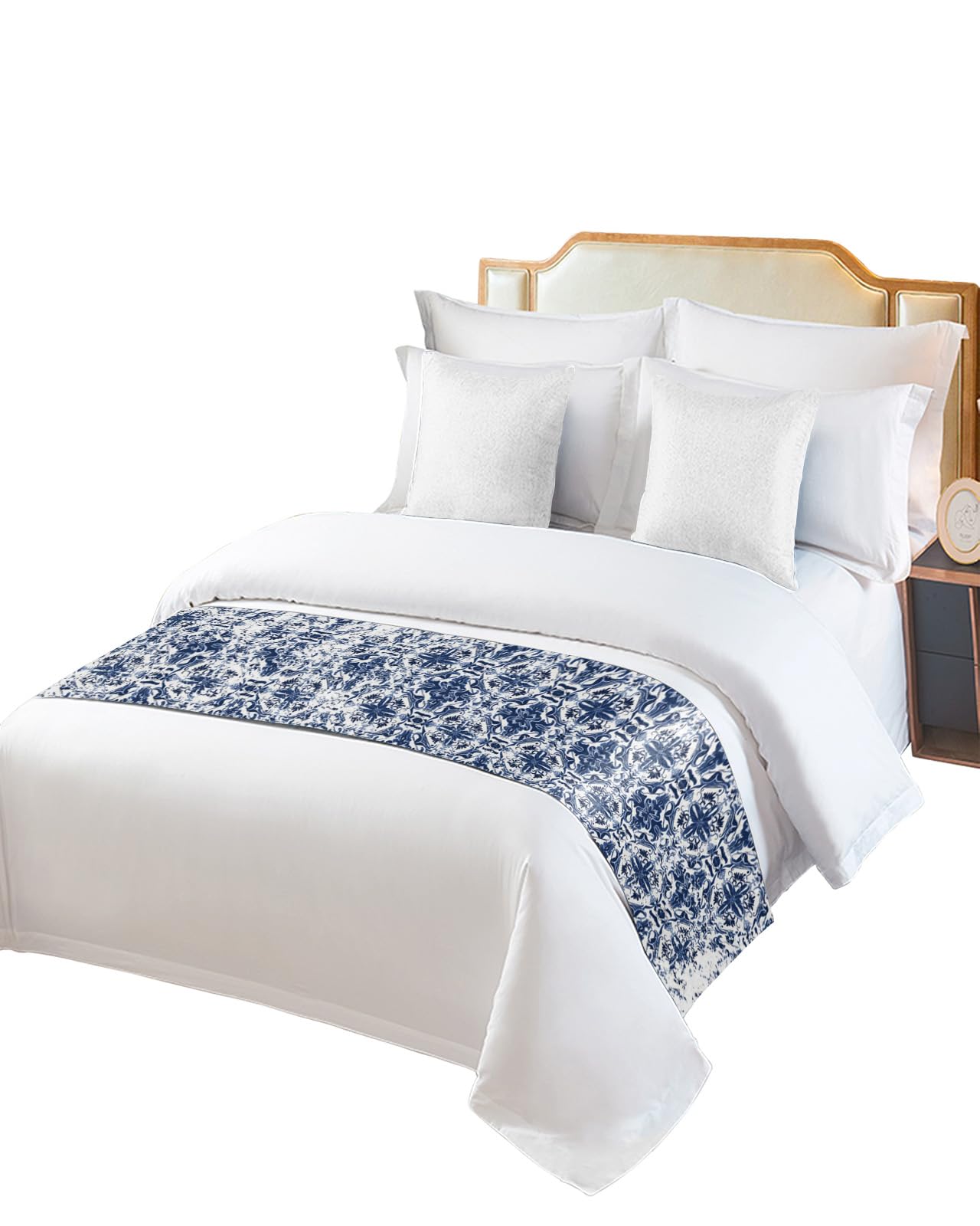 Cal King Bed Runner – Navy Blue Boho Bed Scarf Throw for Foot of Bed, Ethnic Abstract Geometric Design Luxury Bedding Protector (102x20 Inches) – Perfect for Hotels & Home Decor, Bedroom Styling & Sofa Accents