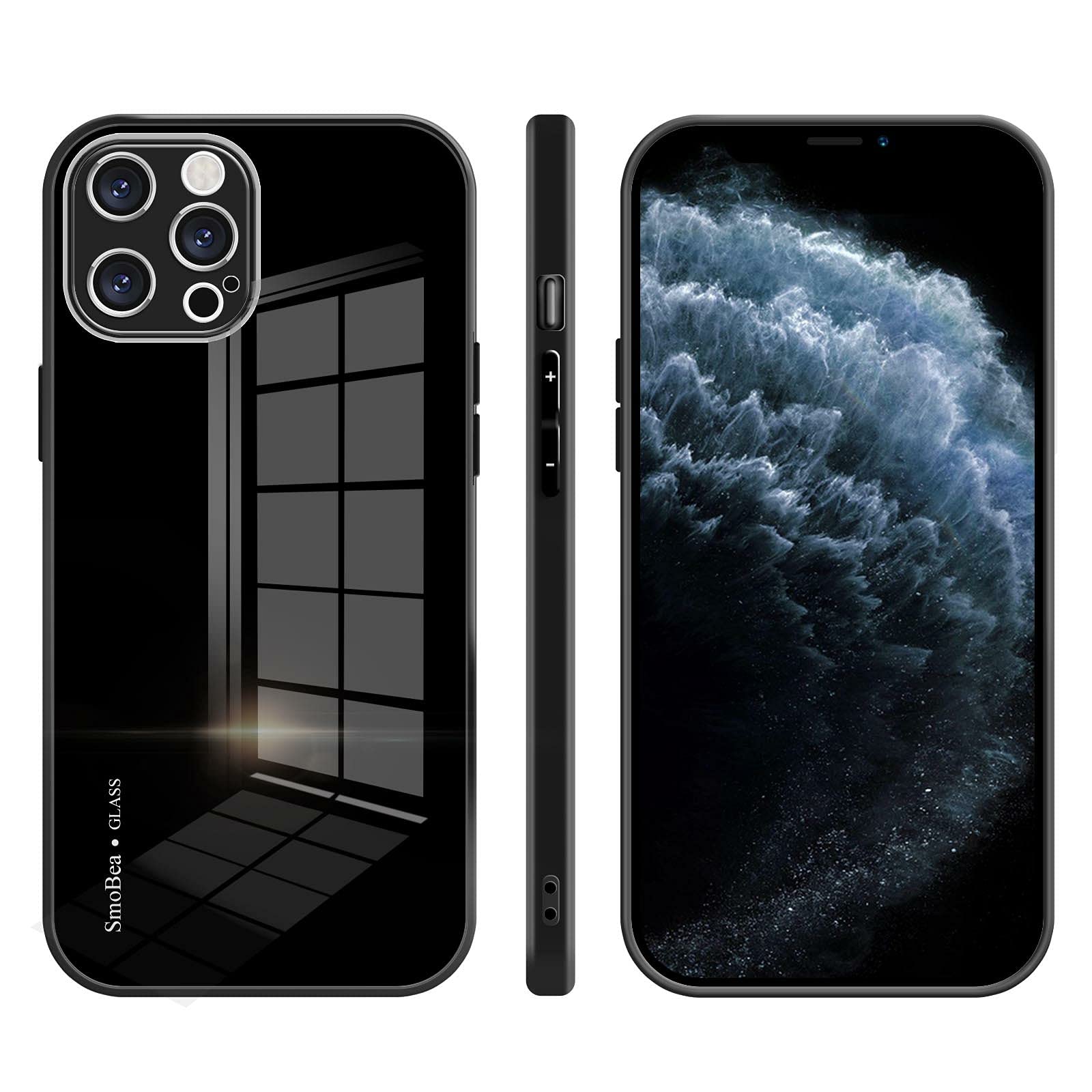 SmoBea iPhone 12 Pro Max Case 6.7 inch - [Upgraded Tempered Glass Back] Shockproof Slim Thin Protective Cover with Soft Silicone Bumper - Black | Perfect for Everyday Use, Work & Outdoor Activities