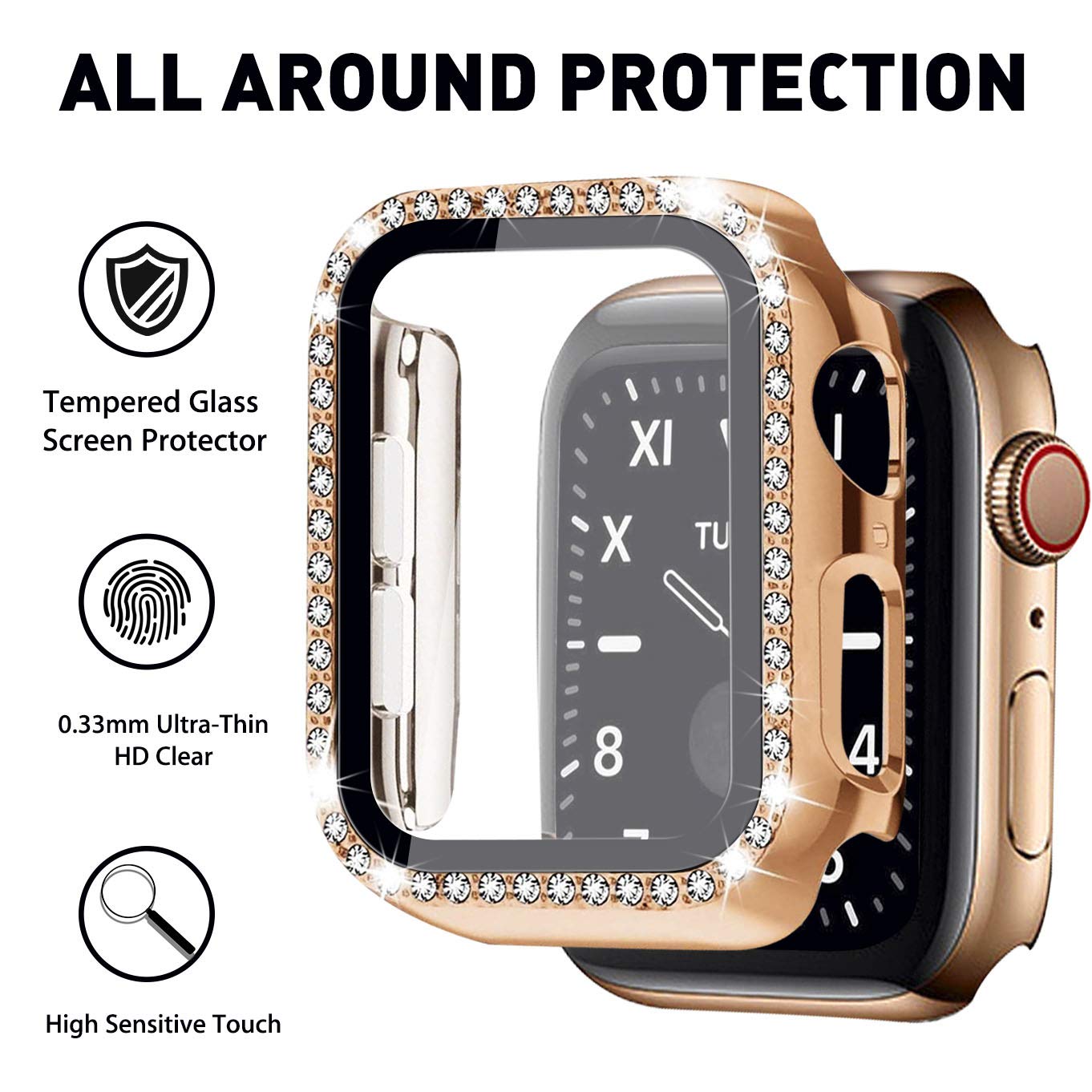 Compatible Apple Watch Band 44mm with Screen Protector & Jewelry Bracelet - Metal Band with 2P Bling Cover for iWatch Series SE/6/5/4 (Rose Gold Link & Black Leather) - Perfect for Women's Fashion, Work & Special Occasions