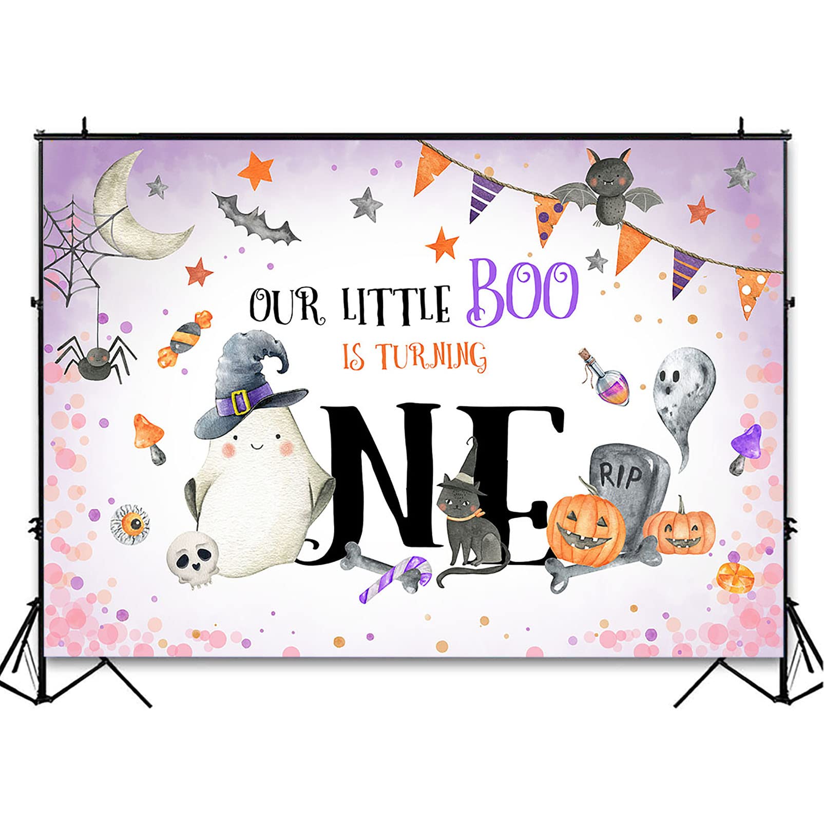 Spooky Halloween First Birthday Party Backdrop - Little Boo Ghost & Pumpkin Design - 8x6ft Photo Backdrop for 1st Birthday Decorations, Baby Photoshoot, and Seasonal Celebrations