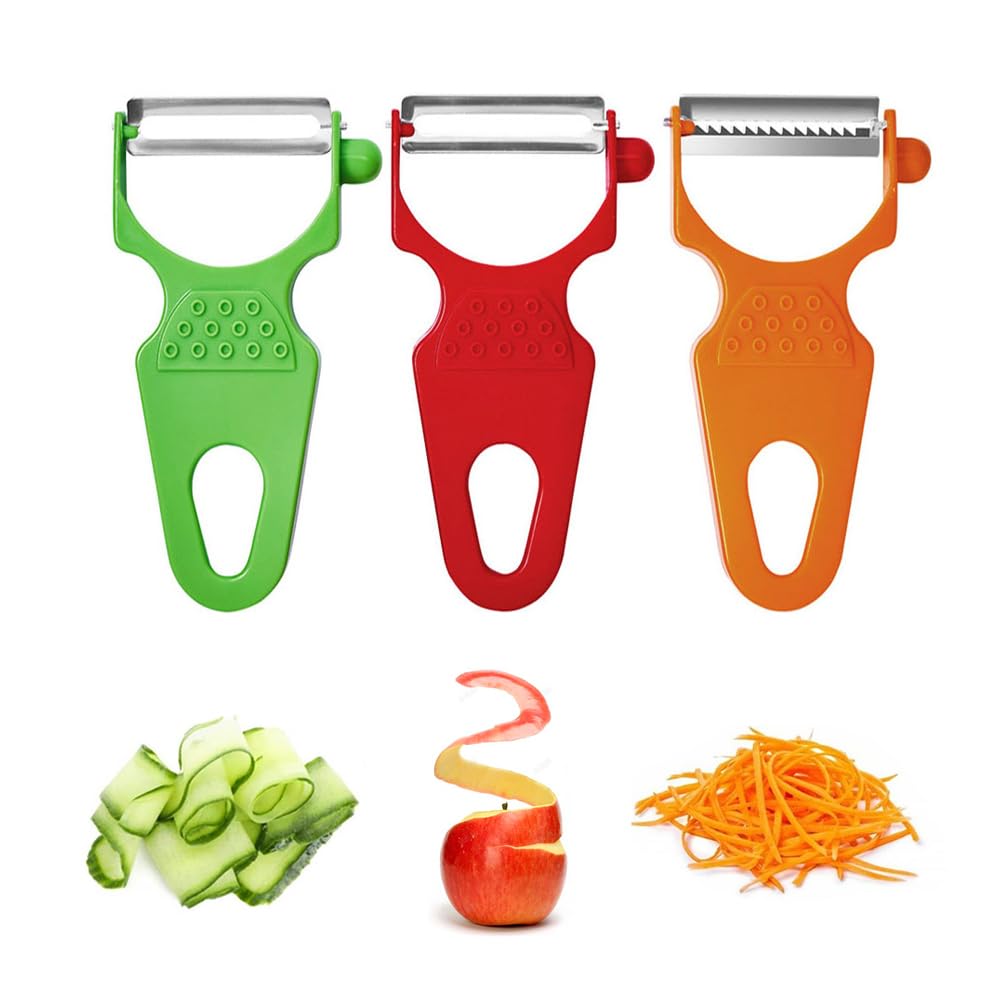 LHS 3-Pack Stainless Steel Vegetable Peelers - Multi-Functional Potato, Apple, Carrot, Zucchini & Cucumber Peeler with Slicer & Shredder - Perfect for Kitchen Prep, Salad Making & Healthy Snacking