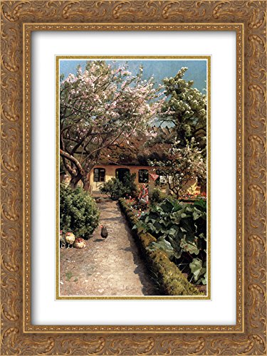 Peder Mork Monsted Watering The Garden 18x24 Inch Gold Ornate Framed Art Print with Double Mat - Vintage Landscape Painting for Home Decor, Living Room, Office & Gift