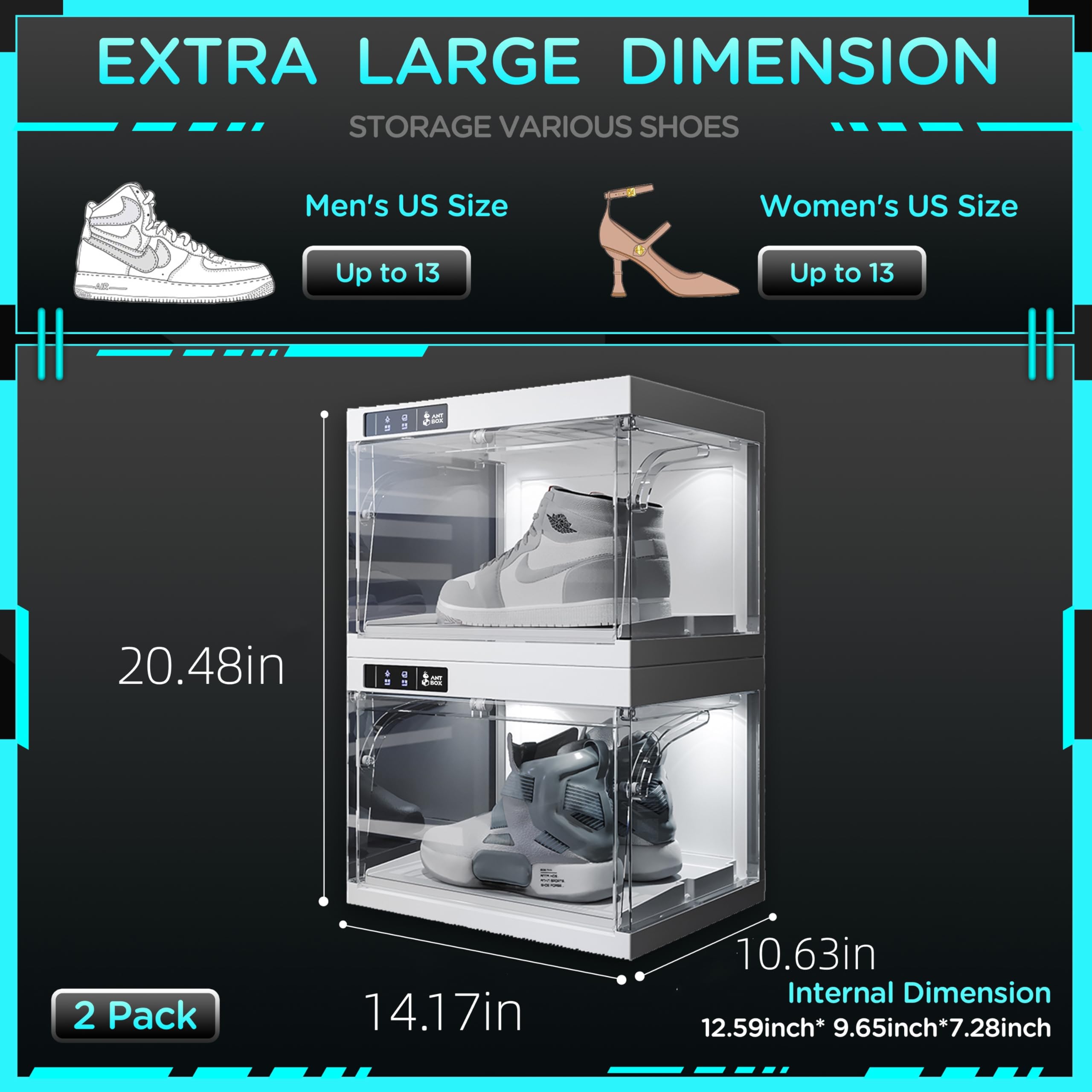 Smart LED Shoe Organizer Box - Auto-Opening Stackable Clear Plastic Shoe Storage for Sneaker Display & Collection (2-Pack, White) | Perfect for Closet Organization, Shoe Lovers & Sneakerhead Collections