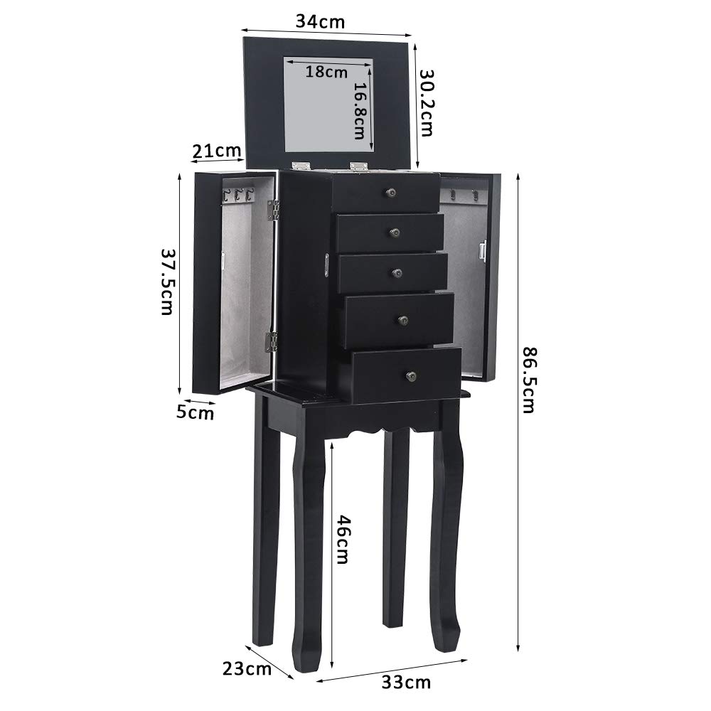 Elegant Jewelry Armoire with Mirror - 5 Drawers & 6 Necklace Hooks, Standing Jewelry Storage Cabinet with Top Organizer & 2 Side Swing Doors (Black) - Perfect for Bedroom, Closet & Dressing Room Organization